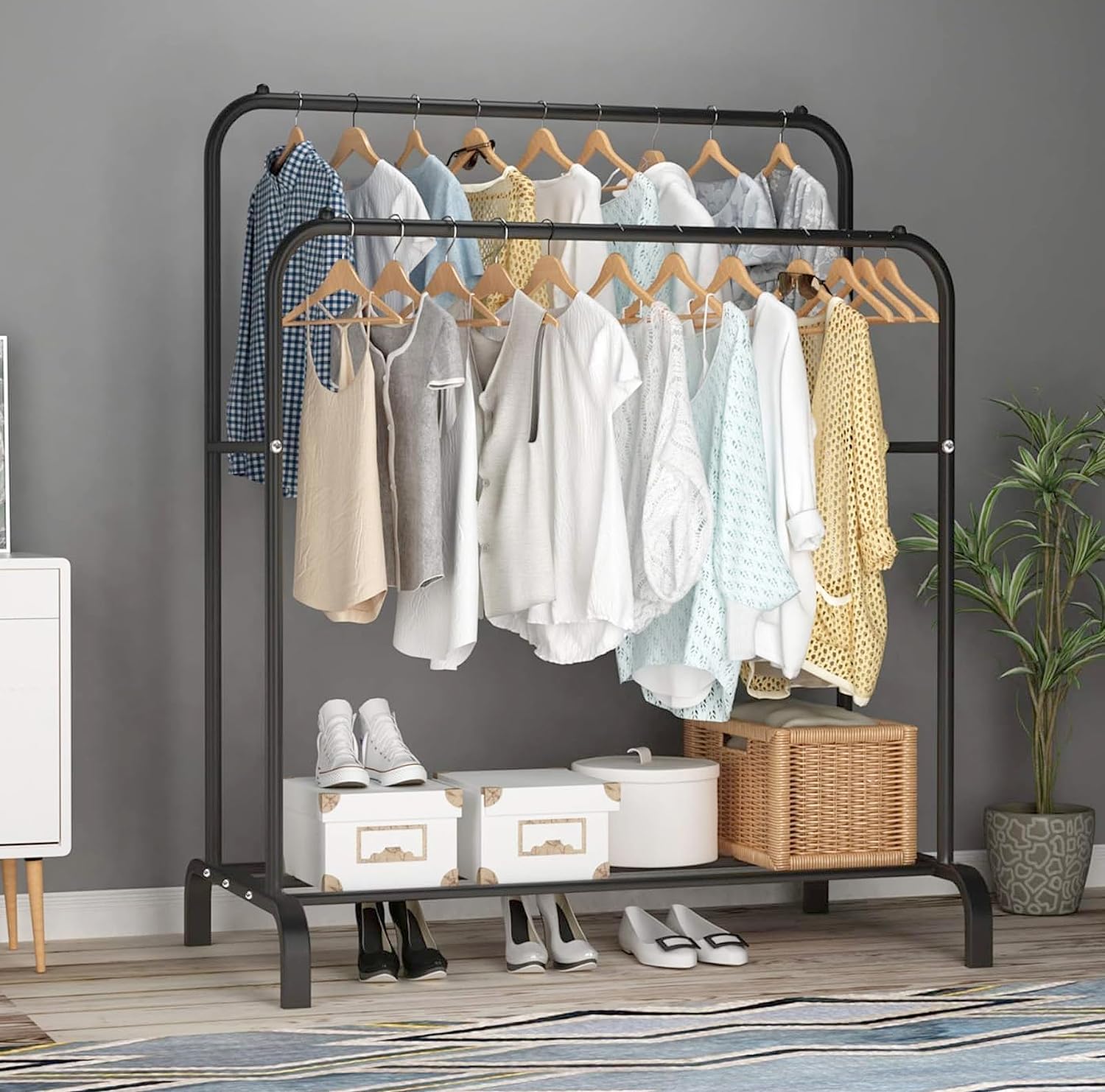 Lukzer Multi-Functional Cloth Stand With Wheels & Bottom Shelves  Metal Rack For Hanging Clothes, Coats, And Hats  Diy Storage S