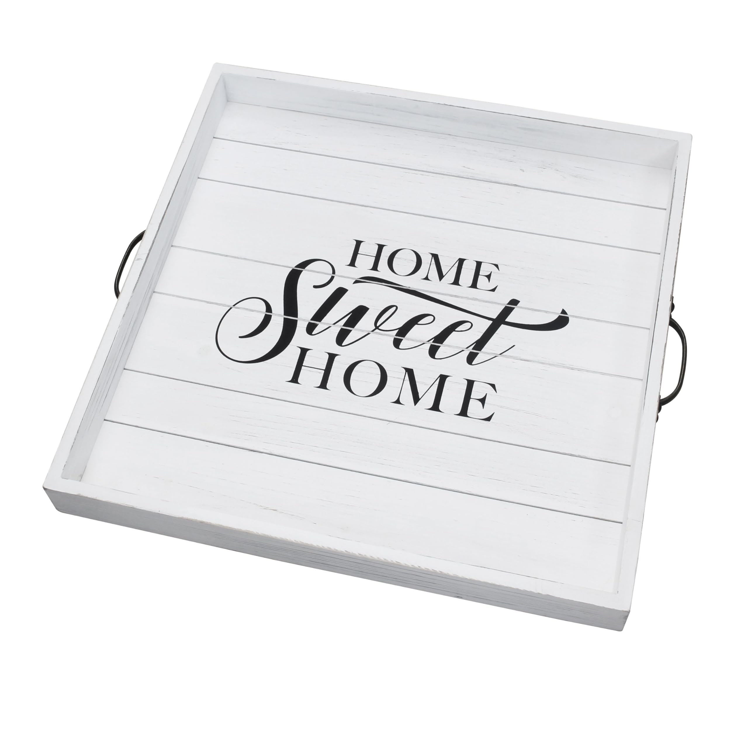 Stonebriar Square Worn White Home Sweet Home Decorative Wooden Tray With Metal Handles