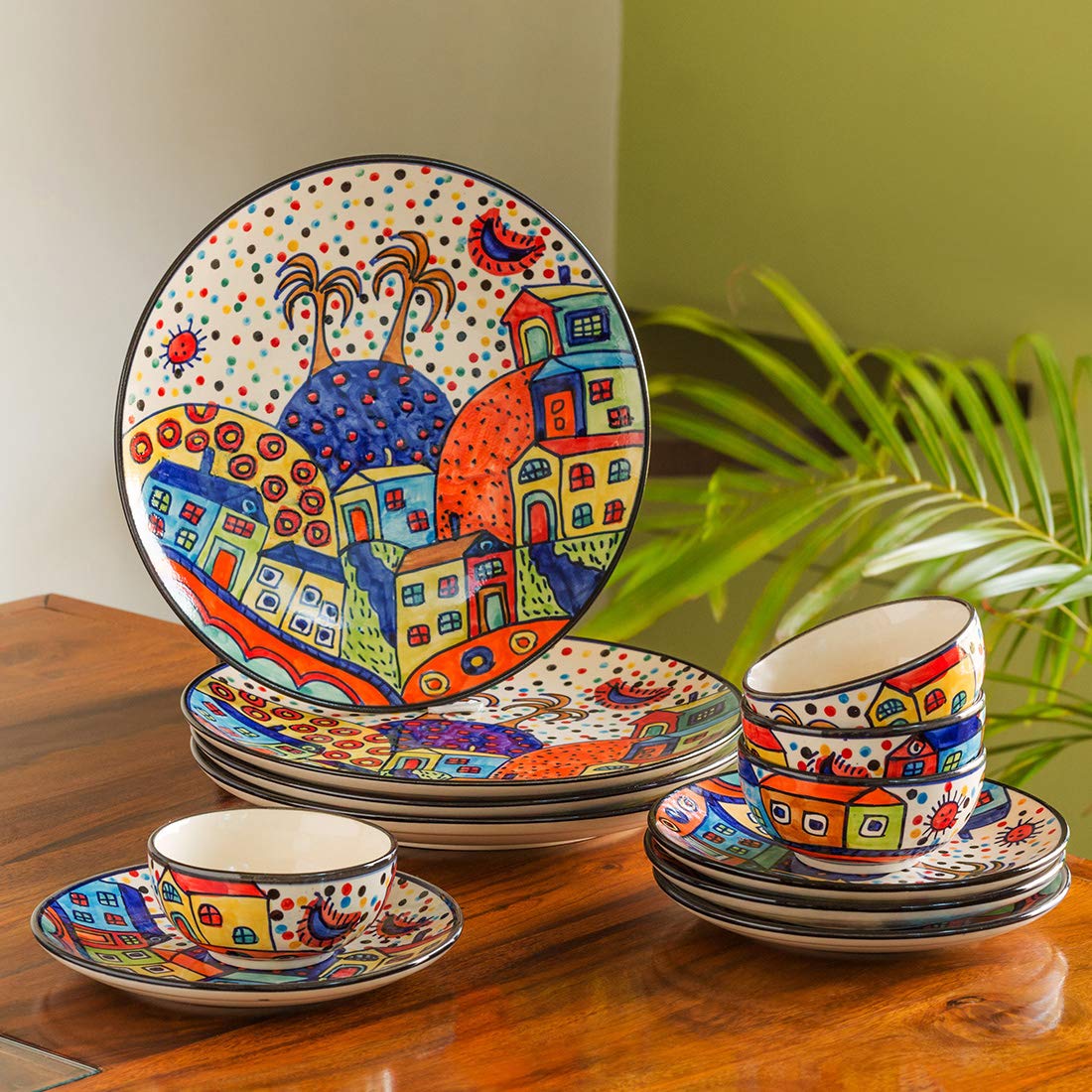 Exclusivelane 'Hut' Ceramic Dinner & Quarter Plates With Katoris (12 Pieces, Serving For 4, Multicolor) | Dinner Set For Gift Ce
