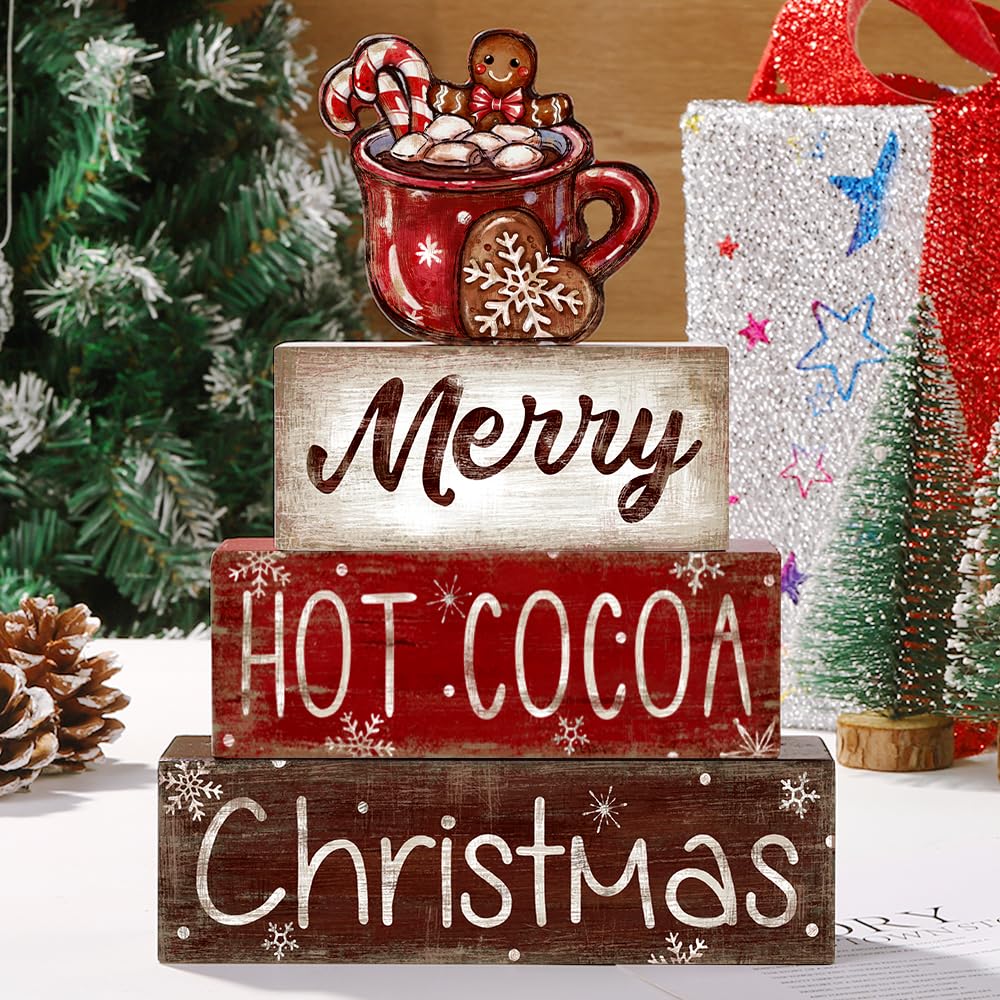 DIYDEC 4Pcs Christmas Wooden Tabletop Decoration Hot Cocoa Wooden Block Signs Gift Rustic Xmas Tiered Tray Decor Merry Christmas