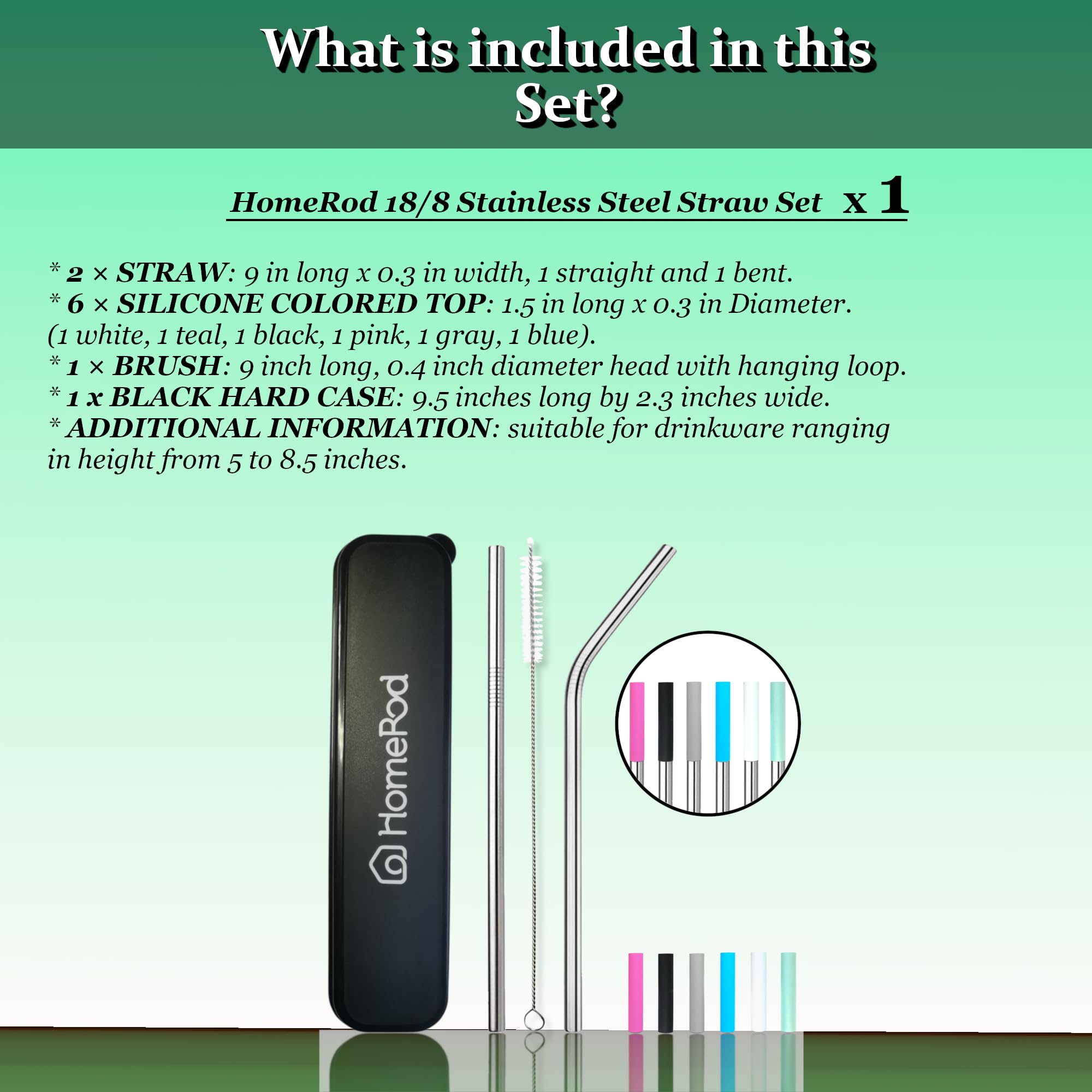 Pack Of 10: 2 Stainless Steel Reusable Straws 9 Inches Long, 6 Silicone Tips, 1 Straw Brush In A Travel Hard Case. Drinking Meta