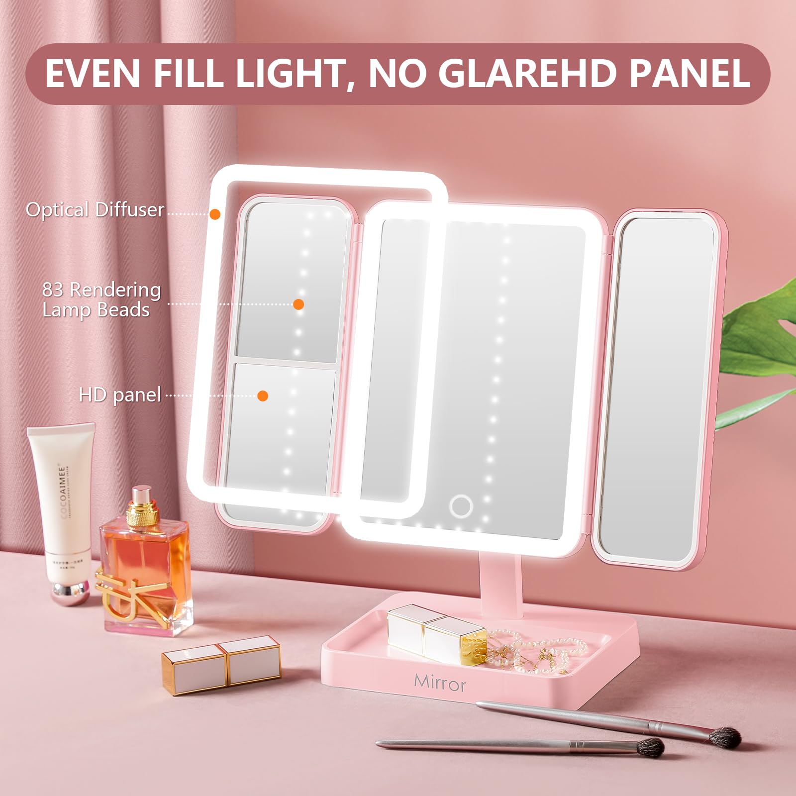 Makeup Mirror Vanity Mirror With Lights, 83 Leds, 360-Degree Uniform Fill Light, 3-Color Lighting, Touch Control, Trifold Makeup
