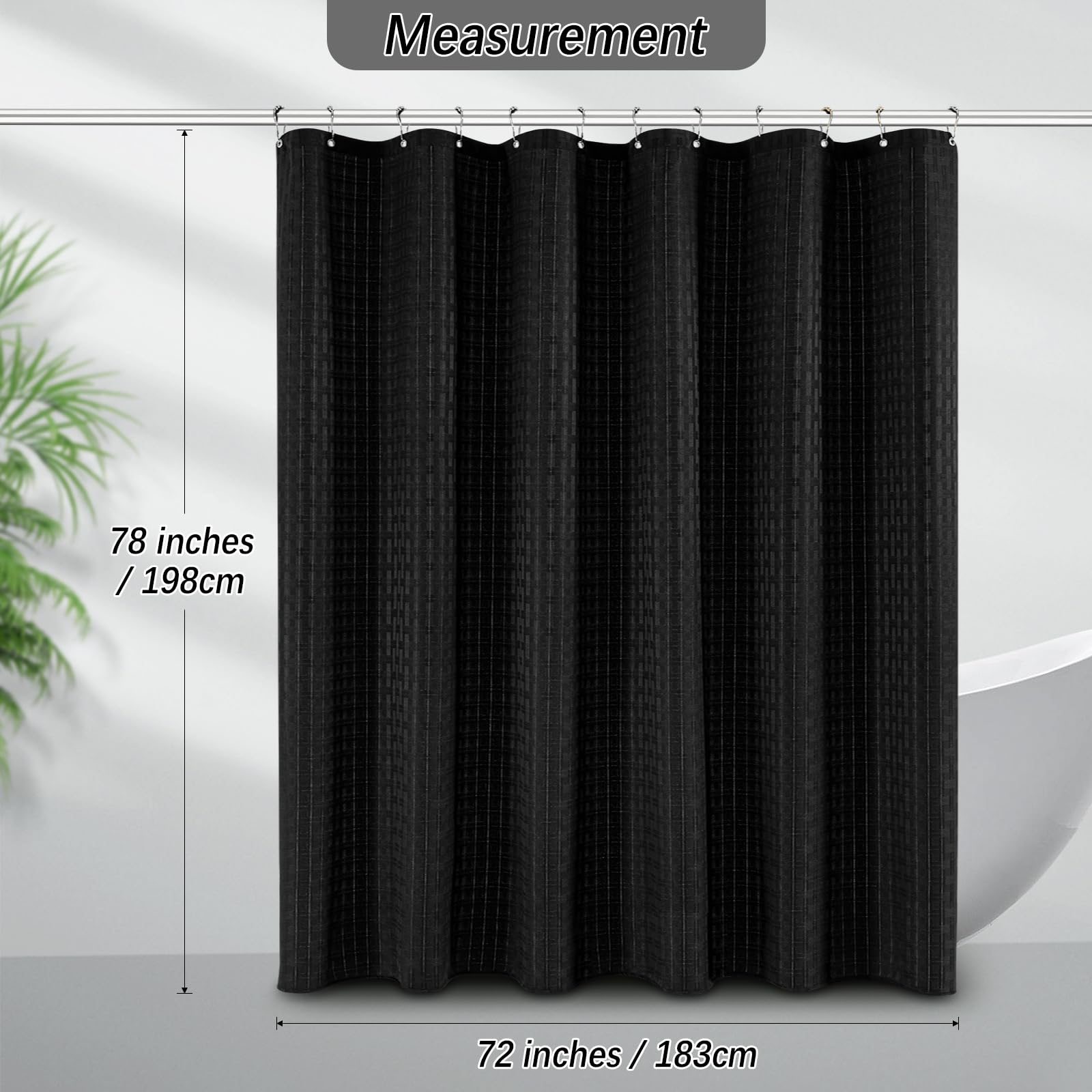 Pangsinne Shower Curtain Black 230Gsm Heavy Duty Weighted Fabric Shower Curtains, Hotel Quality Luxury Polyester Water Repellent