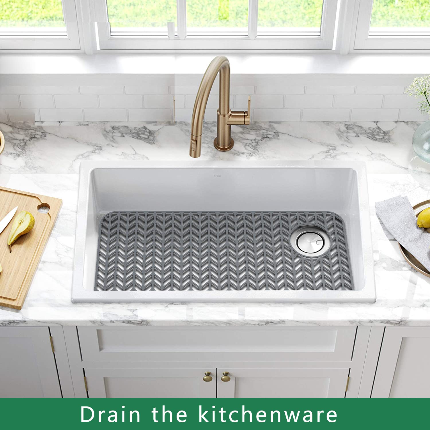 GUUKIN Sink Protectors for Kitchen Sink - 28.6''x 14.5'' Silicone Kitchen Sink Mat Grid for Bottom of Farmhouse Stainless Steel Porcelain Sink with Right & Left Drain(Grey)