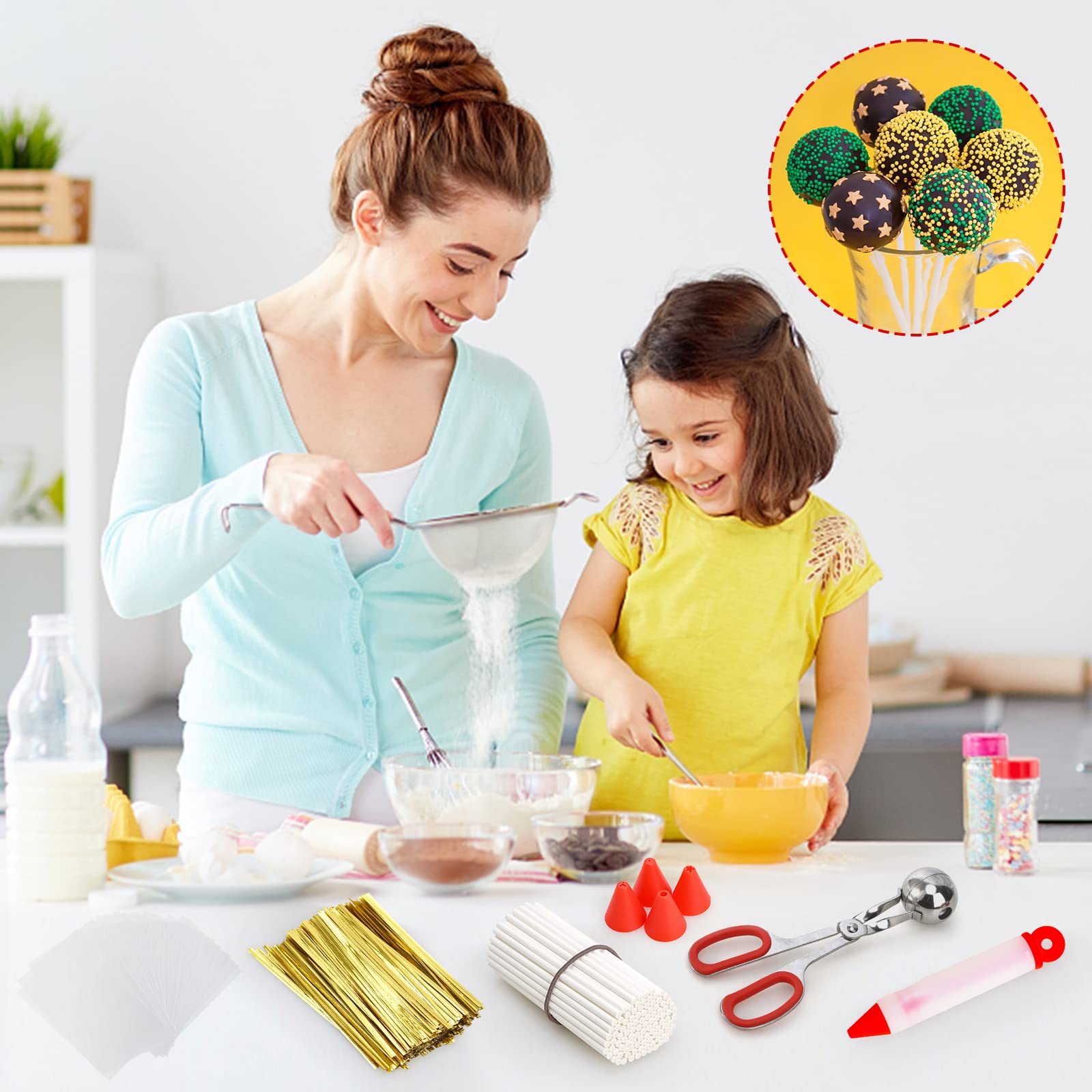 Cake Pop Kit, Including 100 Cake Pop Sticks And Wrappers, 100 Twist Ties, 1 Cake Pop Scooper And Decorating Pen, Cake Pops Makin