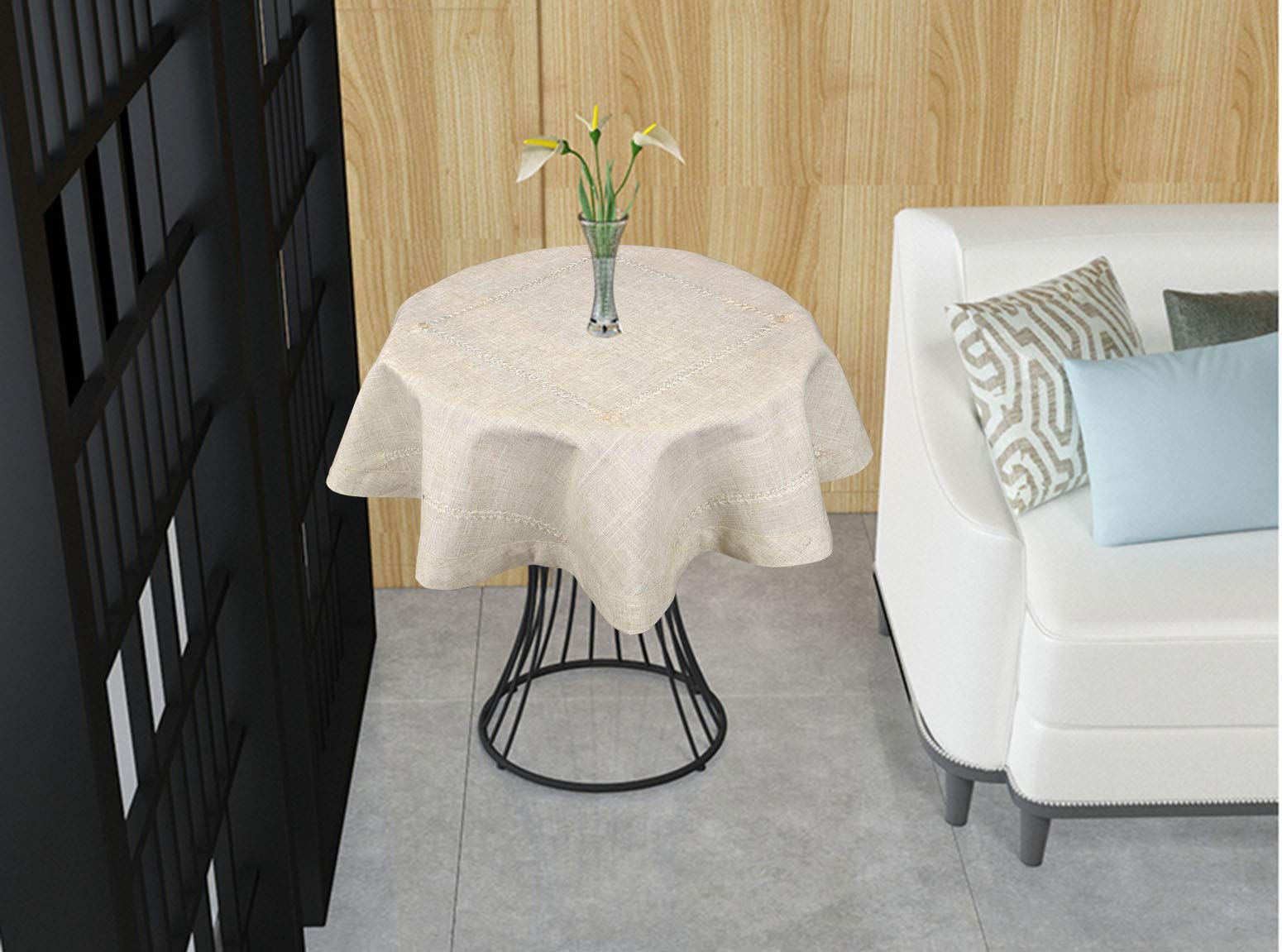 Grelucgo Small Double Hemstitch Solid Color Natural Tablecloth for Coffee Table  Round 36 Inch