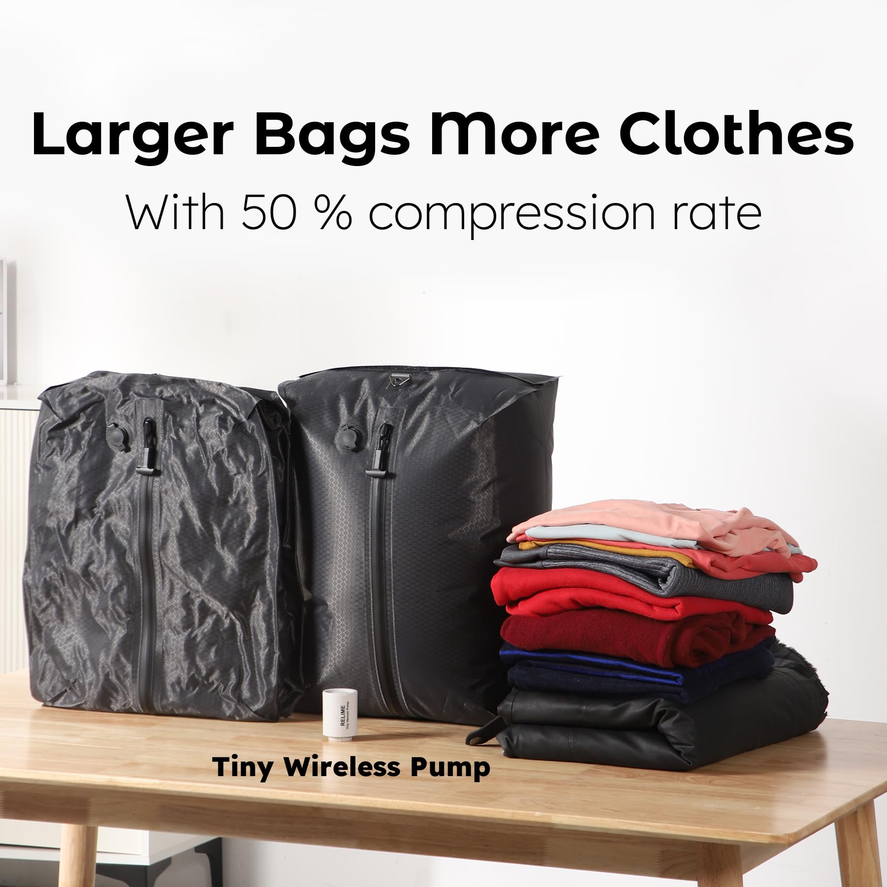 Relime Vacuum Bags for Travel Luggage with Wireless Pump, Reusable Compression for Carry On Suitcases, Gray, Model VBP-10086