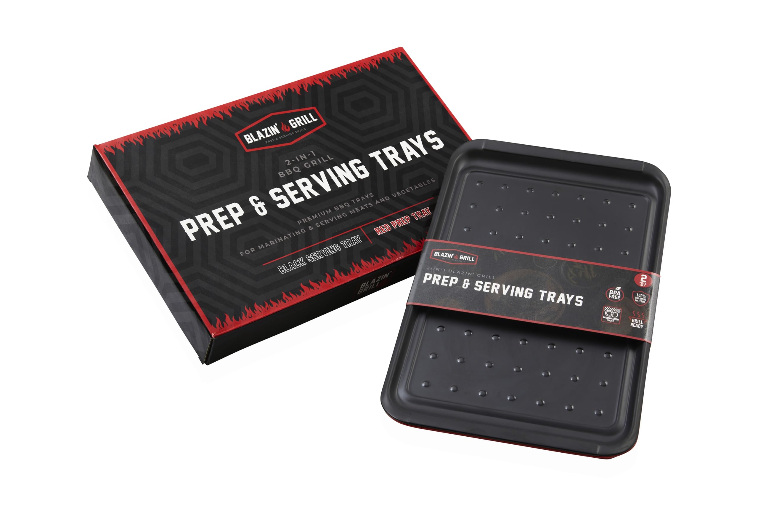 Blazin' Grill Prep And Serve Trays | Set Of 2 Stackable, Melamine Trays | Serving Tray & Marinating Tray | Serving Platter For P