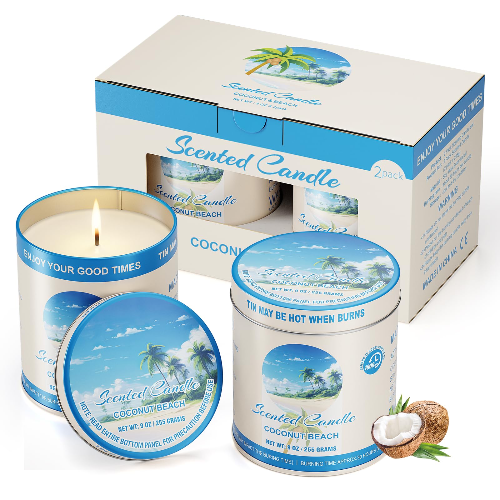 2 Pack Scented Candles (90 Total Burn Hours) - Soy Wax Candles 9 oz Each in Tin - Long Lasting Aromatherapy Candle Gift Set (Coc
