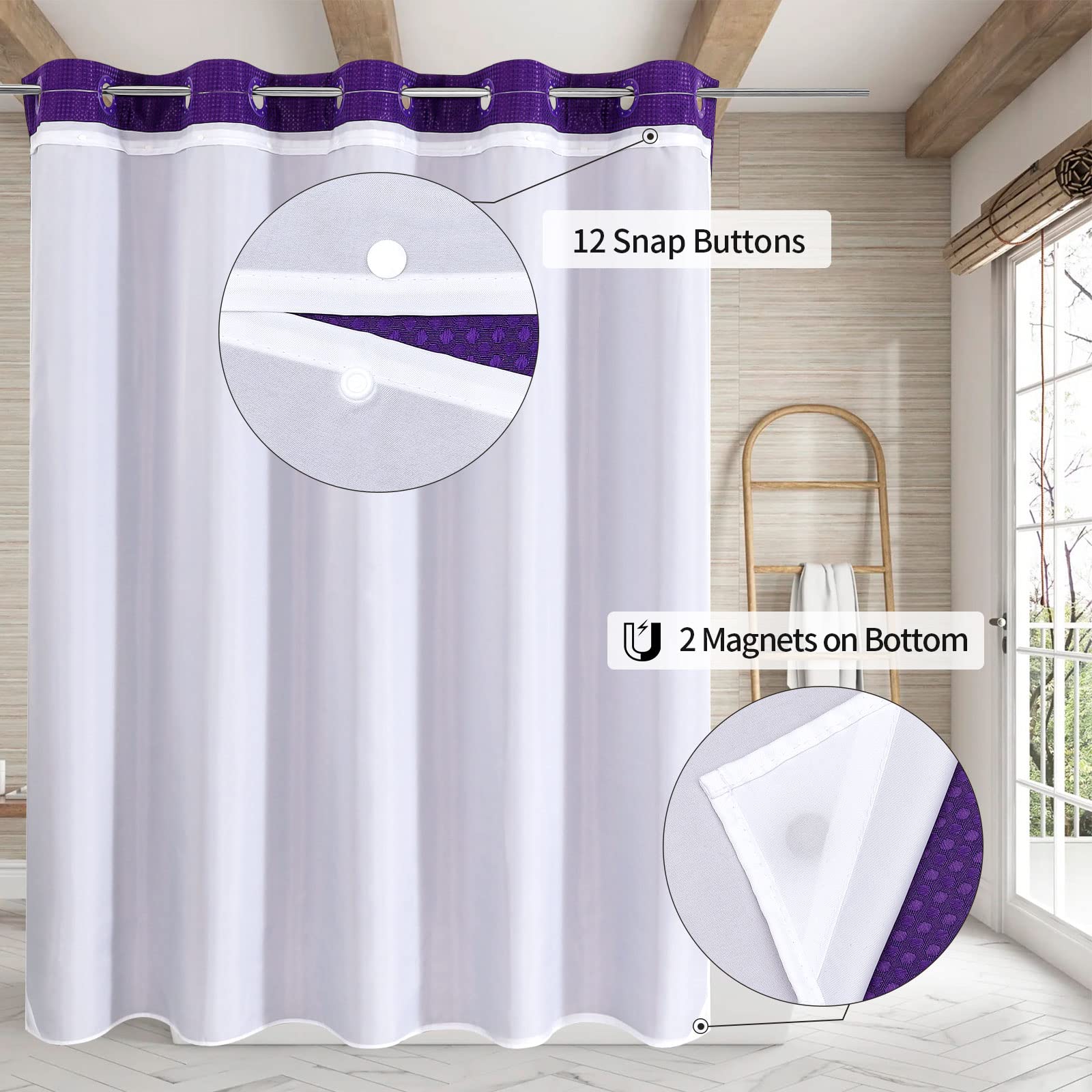 Mitovilla Purple Waffle Long Shower Curtain 72 X 80, No Hooks Required 80 Inch Long Fabric Cloth Shower Curtain Set With Cloth S