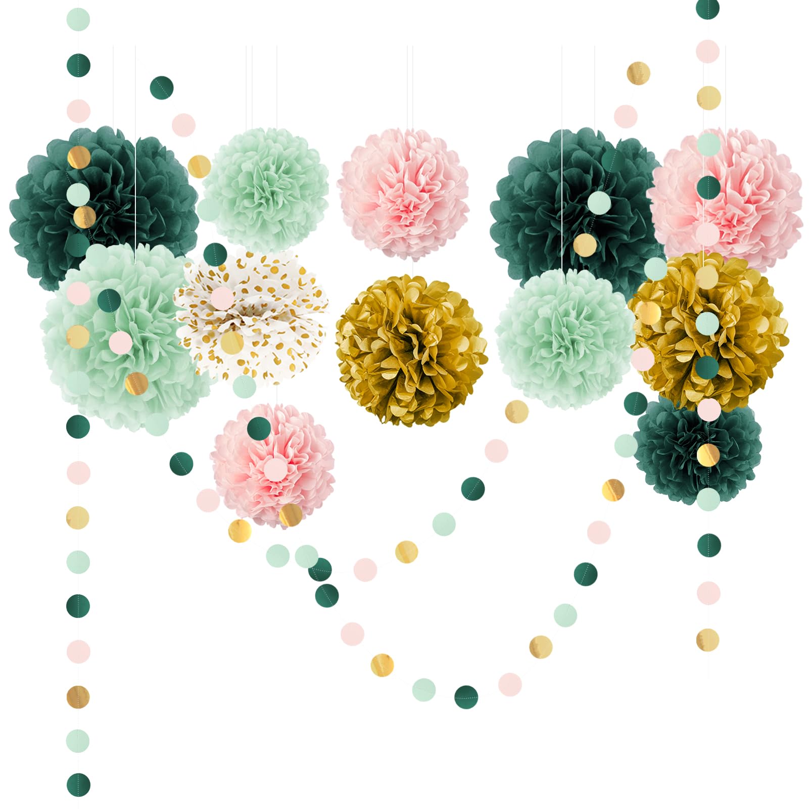 AOBKIAT Wedding Birthday Party Decorations Set 15PCS Sage Green Pink Tissue Paper Pompoms Circle Dots Paper Garland String Hanging Backdrop for Baby Shower  Boho Bridal Wedding Theme Decor
