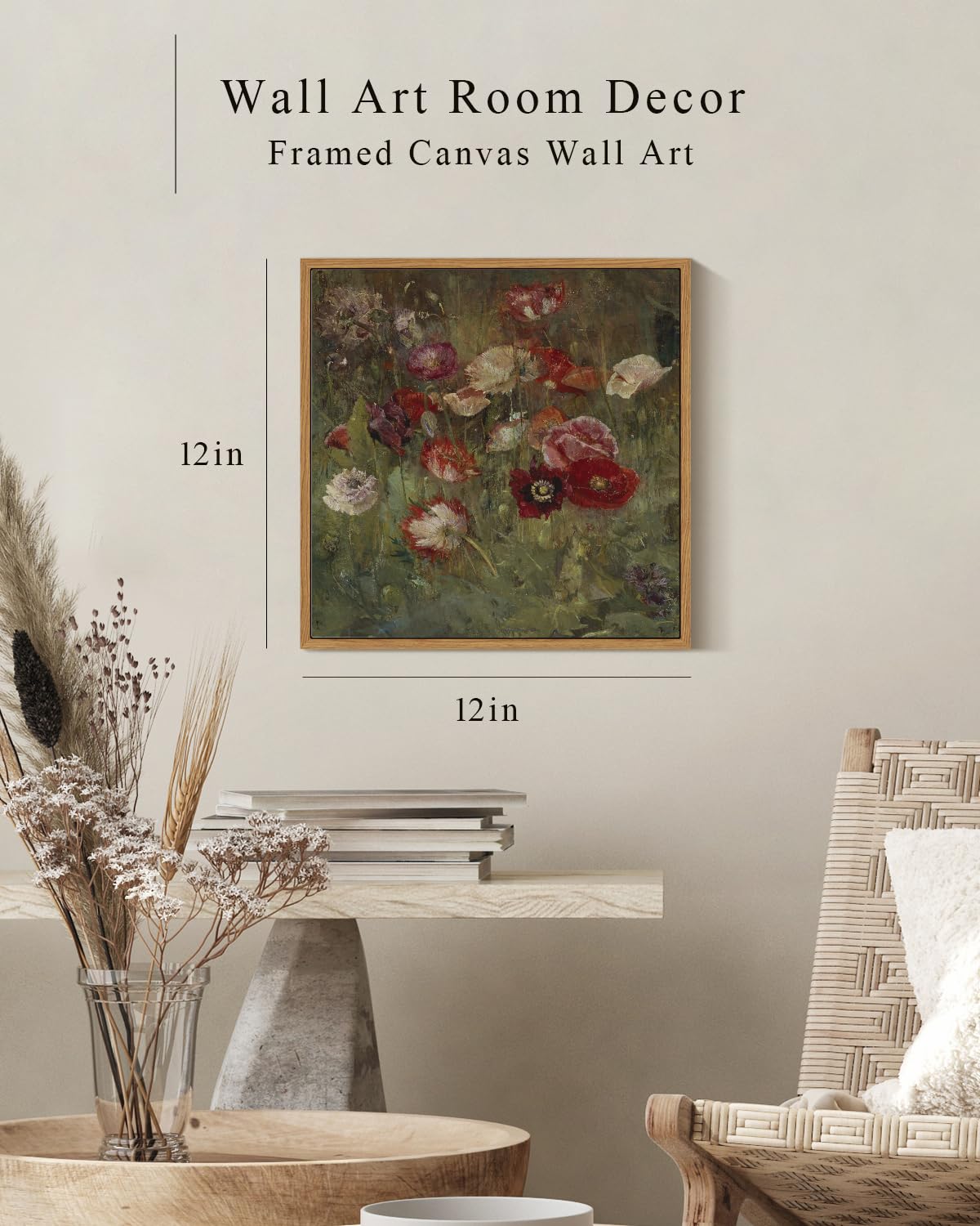 Insimsea Square Framed Canvas Wall Art, Flowers Home Decor Classical Floral Scenic Oil Paintings Wall Art Prints, Desk Decor, Ru