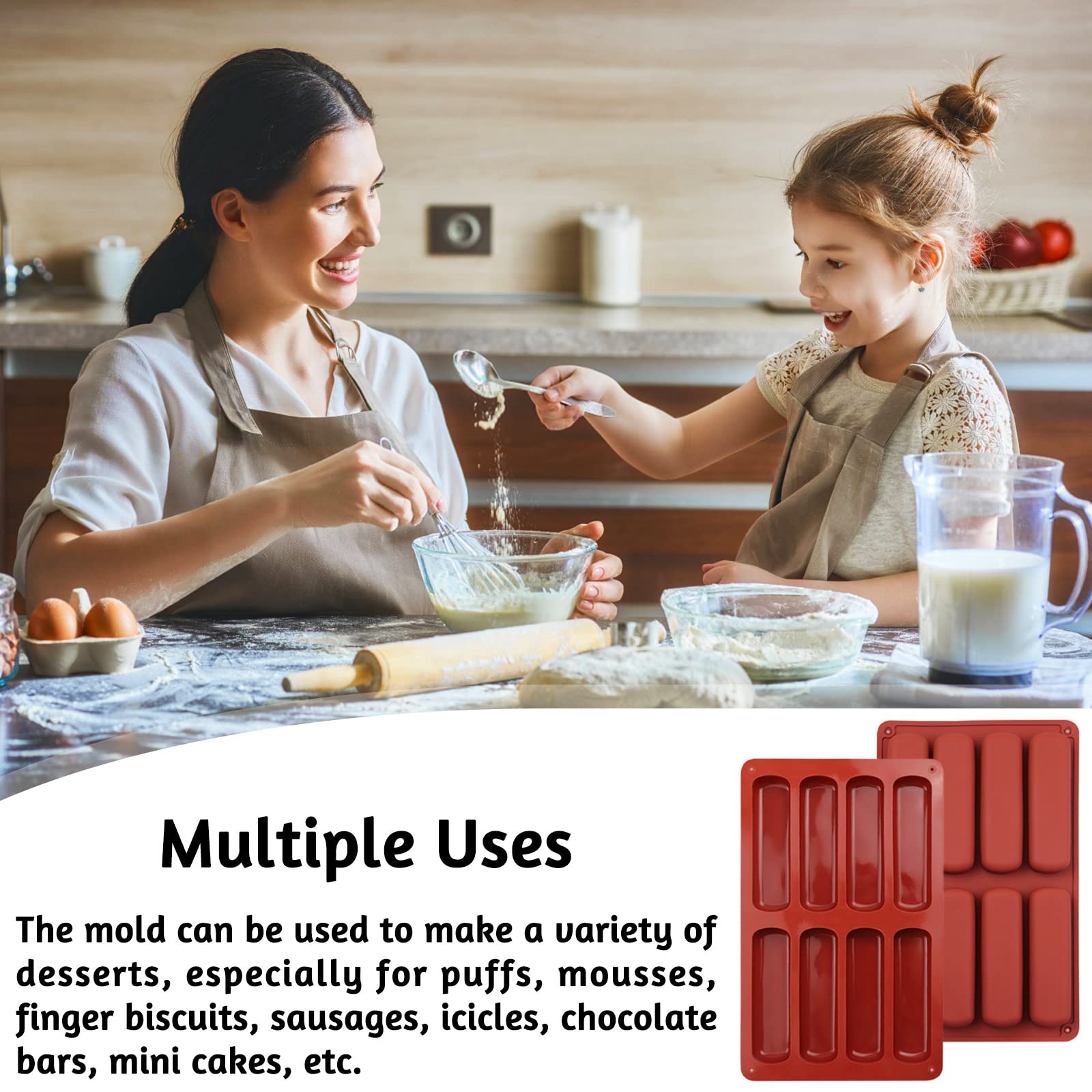 2 Pcs Finger Biscuit Silicone Mould, 8 Cavities Cereal Bars Baking Mould, Non-Stick Chocolate Bar Mold, For Cnady, Eclair, Bread