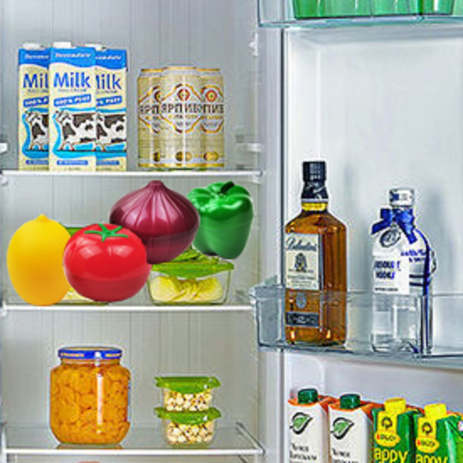 Miao Jin 4 Pcs Fruit And Vegetable Shaped Food Saver Storage Containers Holder Refrigerator Vegetable Crisper(Onion, Tomato, Lem