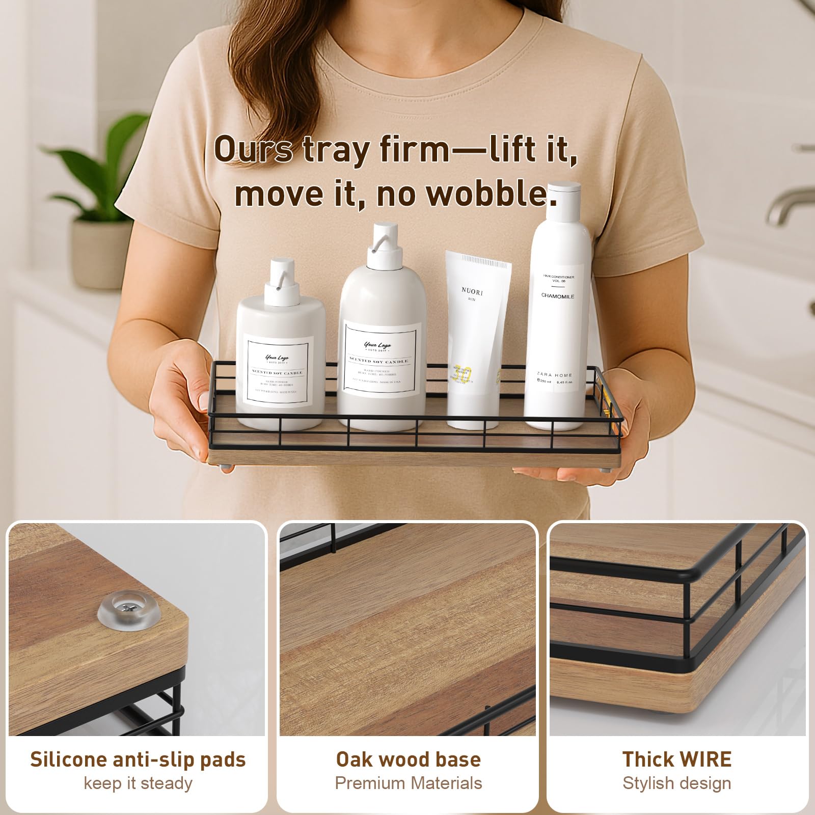 Toilet Paper Basket Organizer - Acacia Wood Toilet Tank Tray with Metal Frame, Back of Tank or Top Bathroom Counter Storage - Bl