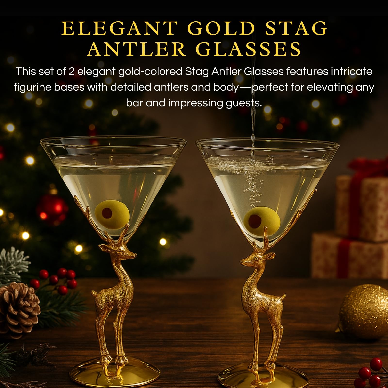 Golden Standing stag martini glasses set of 2