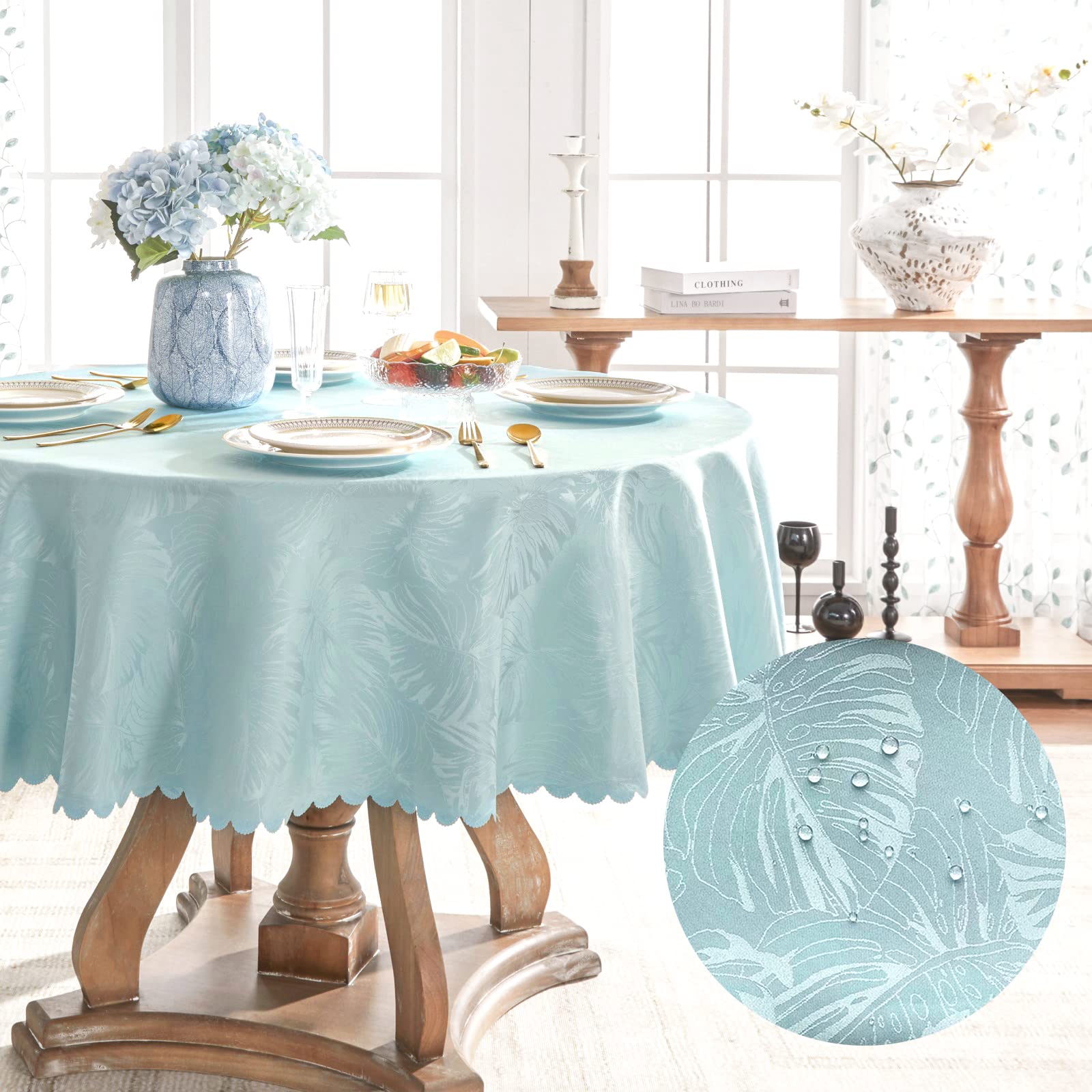 Jacquard Round Tablecloth 50 Inch Blue Tablecloth Leaves Pattern Scalloped Edge Silky Soft Table Cloth Waterproof Wrinkle Resist