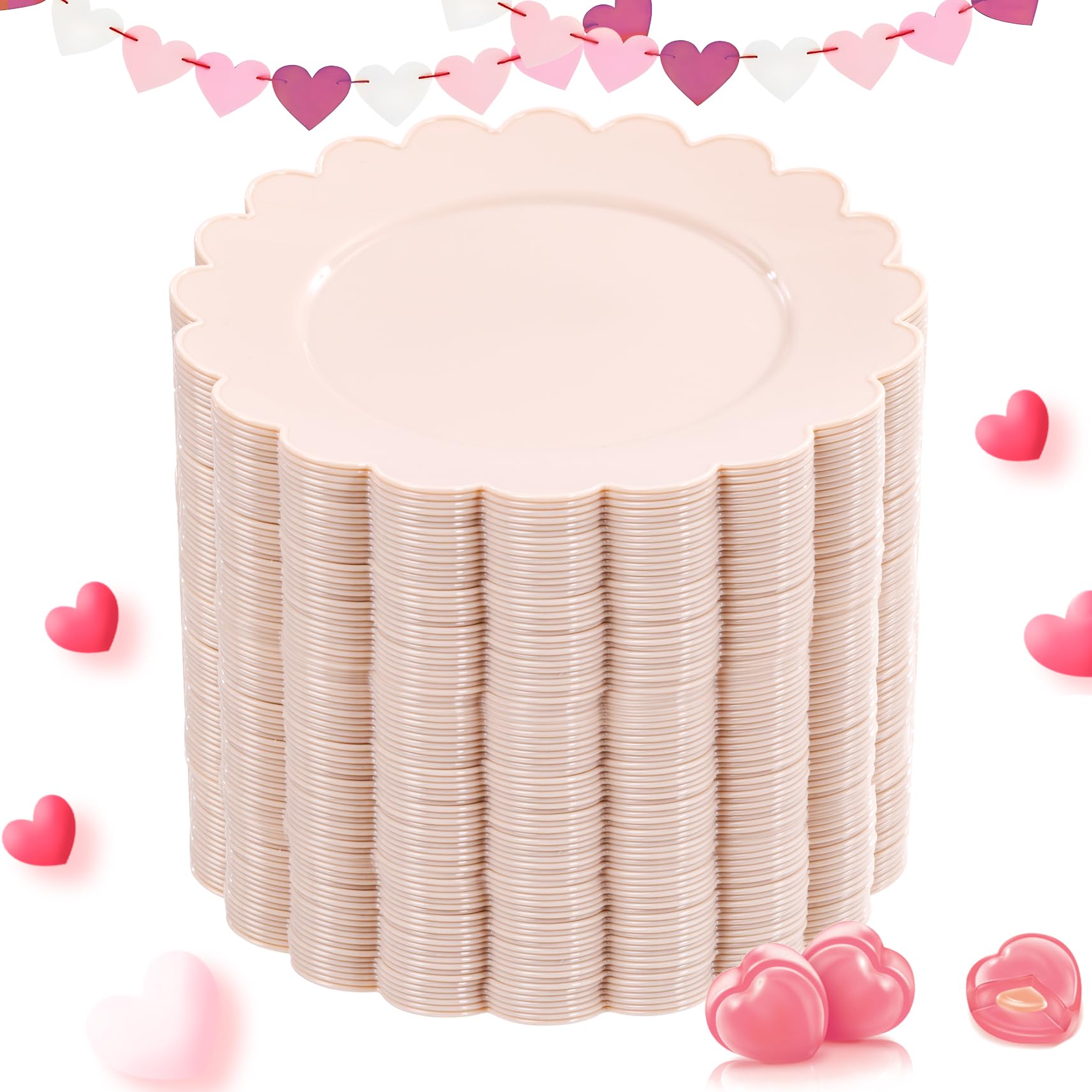 Sut 72Pcs Pink Plastic Plates - Disposable Party Plates, Pink Disposable Plates, Valentines Plates,Scalloped Plates, 7.5Inch Des