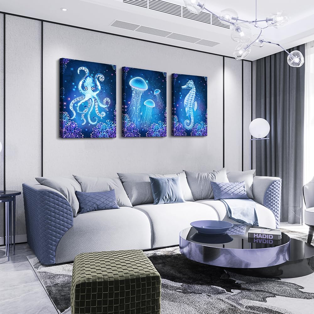 Blue Ocean Life Theme Canvas Prints Wall Art Paintings For Living Room Large size Wall Artworks Sea Animal Sea Horse Octopus Jellyfish Pictures Decorations 3 Panels Home Bathroom Wall Decor Posters