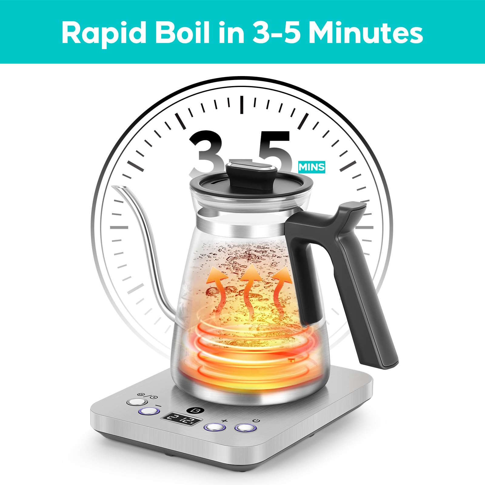 Casabrews Gooseneck Electric Kettle, Stainless Steel Glass Kettle With Temperature Control & Reservation Time Function, Pour Ove