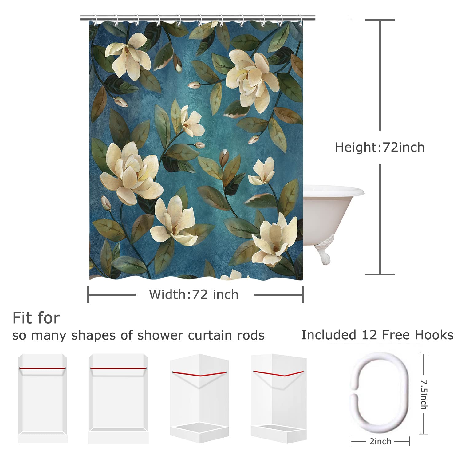 Rosielily Floral Shower Curtain Flower Shower Curtain Magnolia Shower Curtain With Hooks Teal Shower Curtain For Bathroom Elegan
