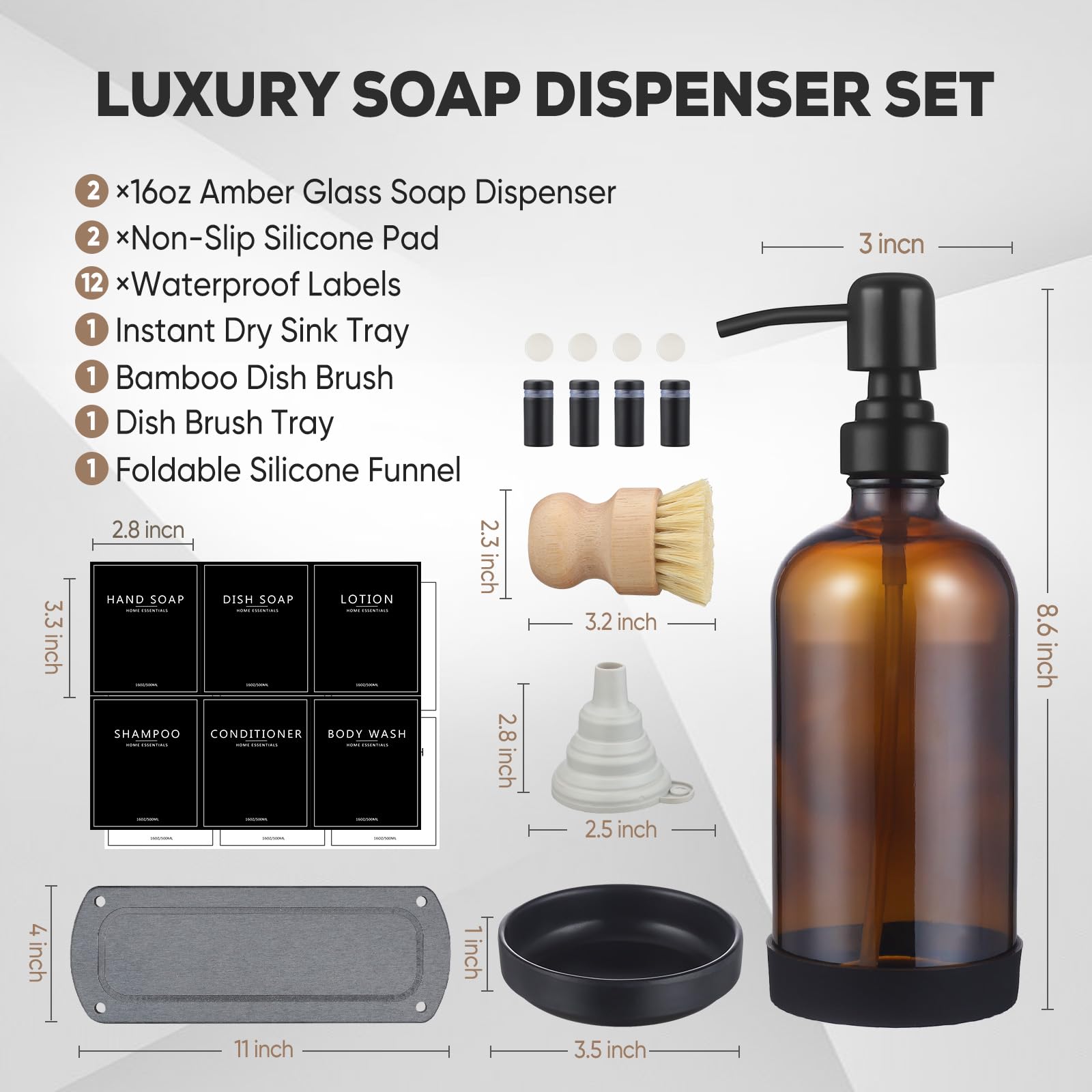 Neeczs Kitchen Soap Dispenser Set With Instant Dry Tray,16 Oz Hand And Dish Soap Amber Glass Dispenser Set,Stainless Steel Pump,