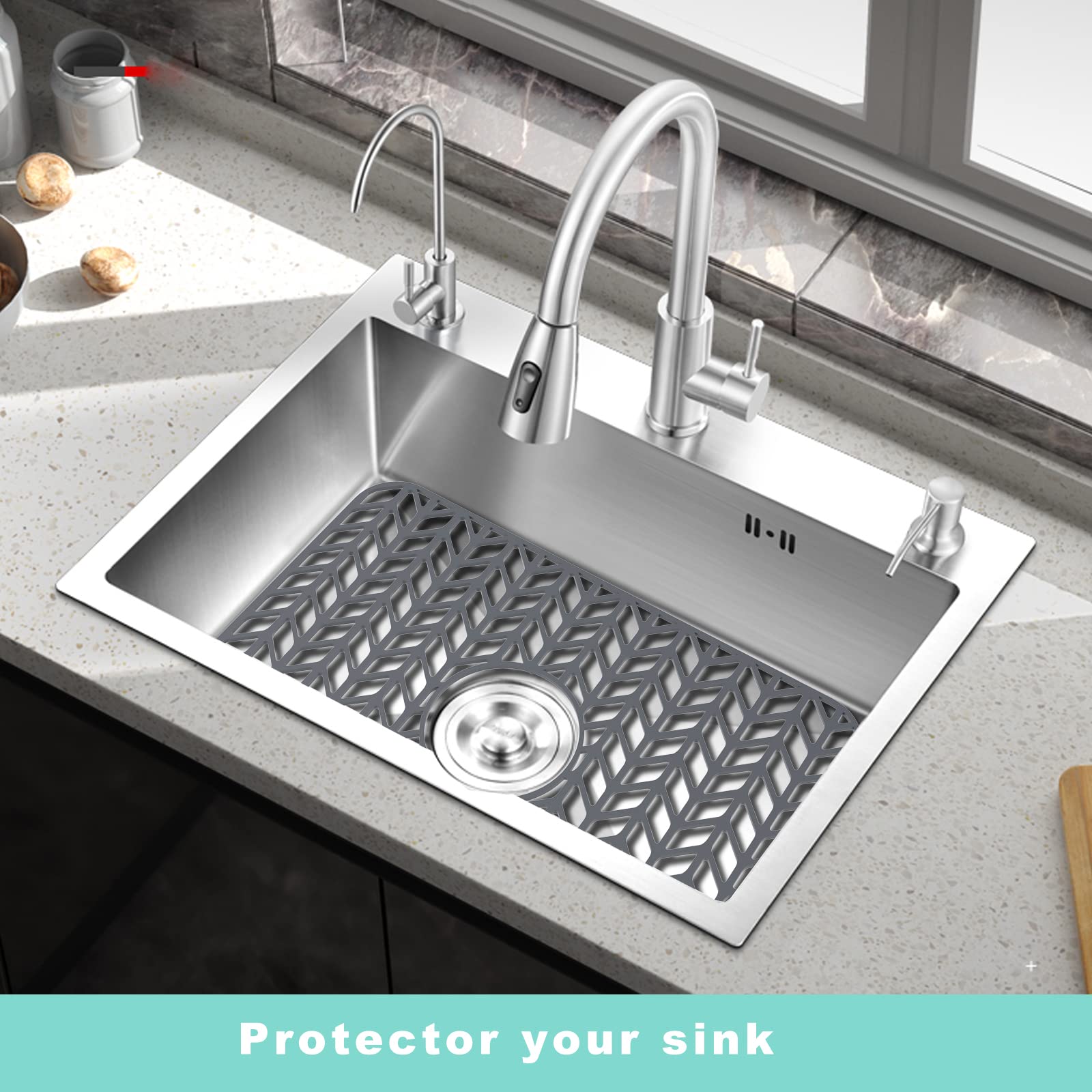 AWOKE Sink Protectors for Kitchen Sink  18.2''x 12.5'' Kitchen Sink Mats for Bottom of Kitchen Sink  Sink Inserts for Kitchen Sink of Stainless Steel Sink  Center Drain (Grey)