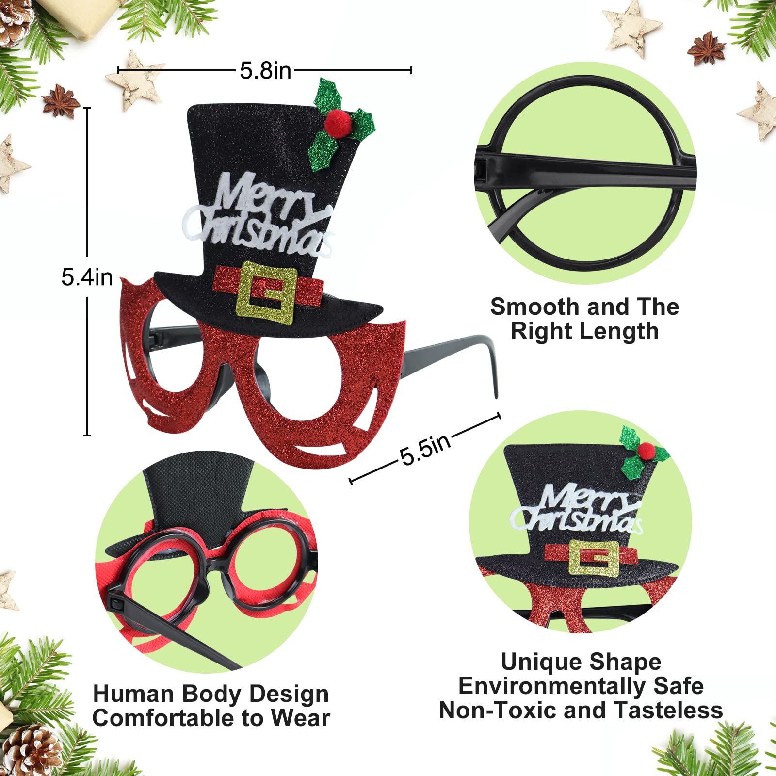 24Pcs Christmas Glitter Party Glasses Frames For Kids, Christmas Costume Eyeglasses For Christmas Parties Holiday Favors Photo B