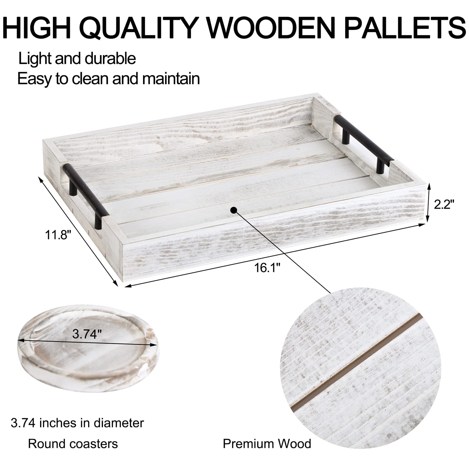 Wooden Serving Ottoman Tray With 4 Coasters,Breakfast Tray With Handles,Ottoman Tray Home Decor For Living Room Ottoman,Wooden T