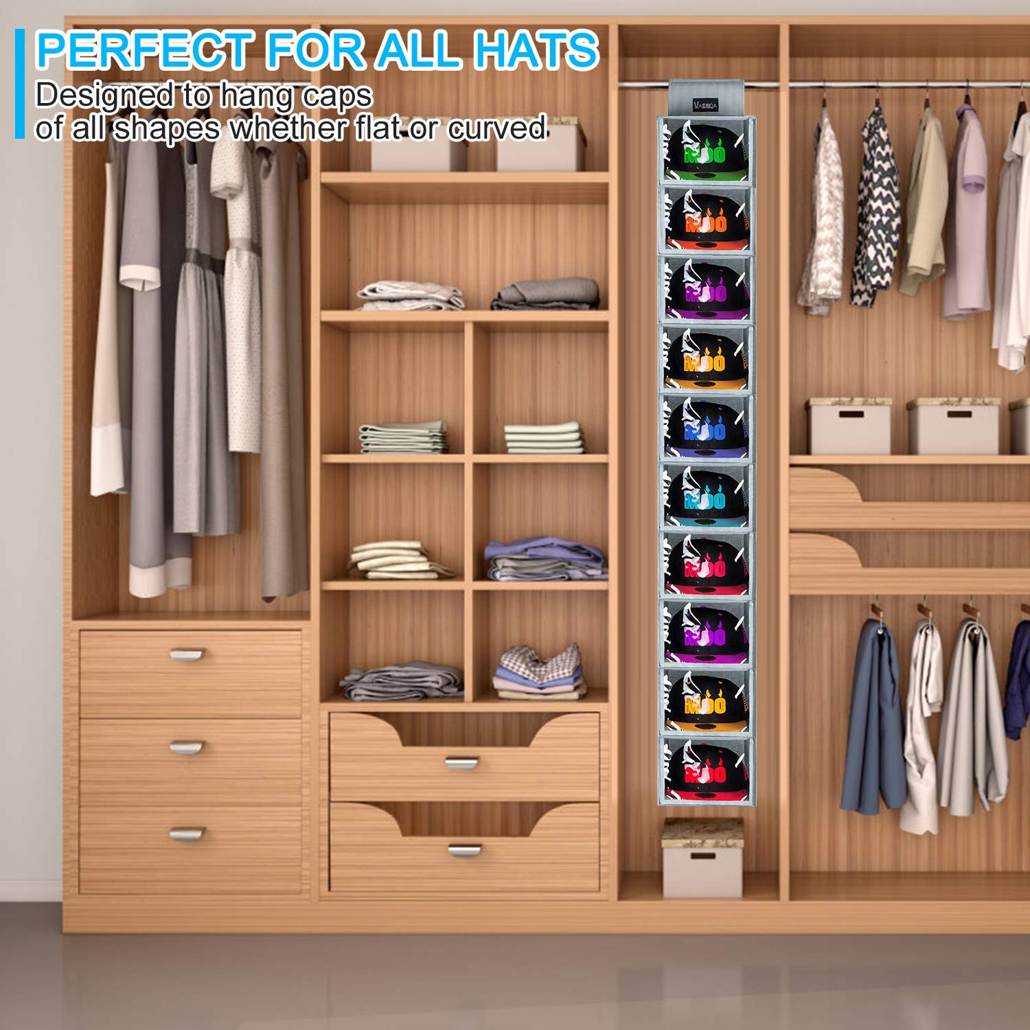 VAESIDA Hat Rack - 10 Shelf Upgraded Version Hat Organizer for Closet with Dust Shield & Side Mesh Storage Pockets - Hat Holder & Hat Racks for Baseball Caps