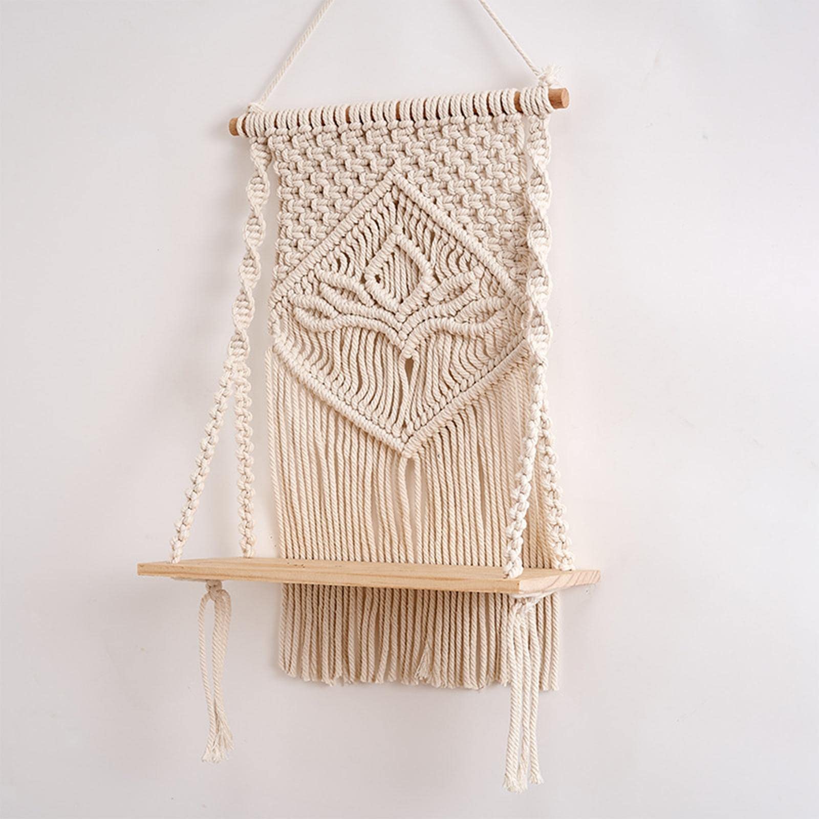 Decazone Macrame Indoor Wall Hanging Shelf Chic Decor Wood Floating Boho Shelves with Wooden Dowel Hand Woven Bohemian Decor for