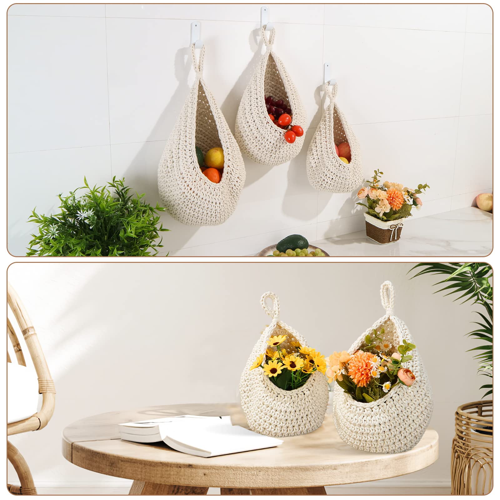 Hanging Fruit Baskets For Kitchen - 3 Pack Boho Wall Hanging Basket With 6 Pcs Strong Hooks, Handwoven Hanging Holder Teardrop H