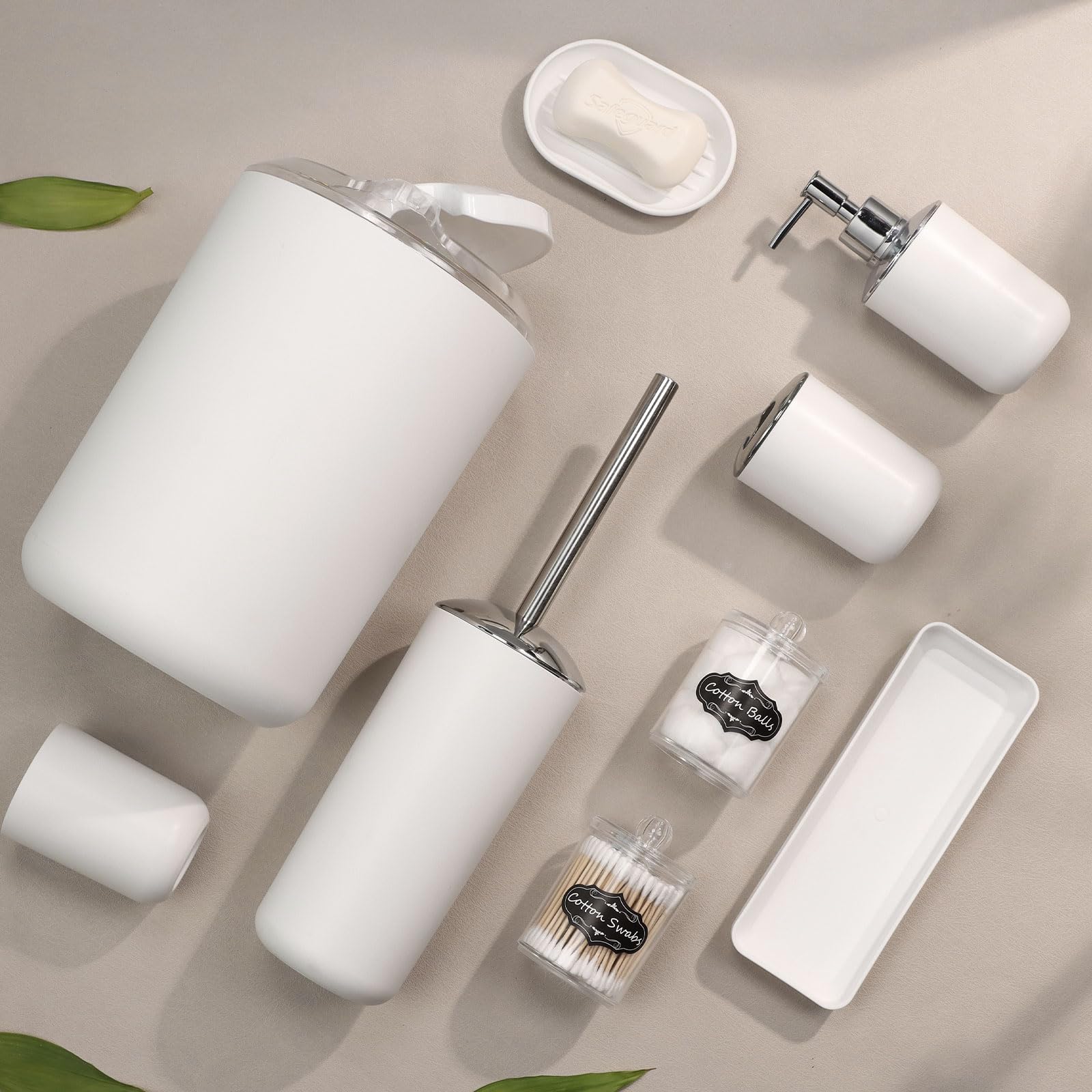 Imavo Bathroom Set - 9 Pcs White Bathroom Accessories Set With Trash Can,Tray,Soap Dispenser,Soap Dish, Toothbrush Holder,Toothb