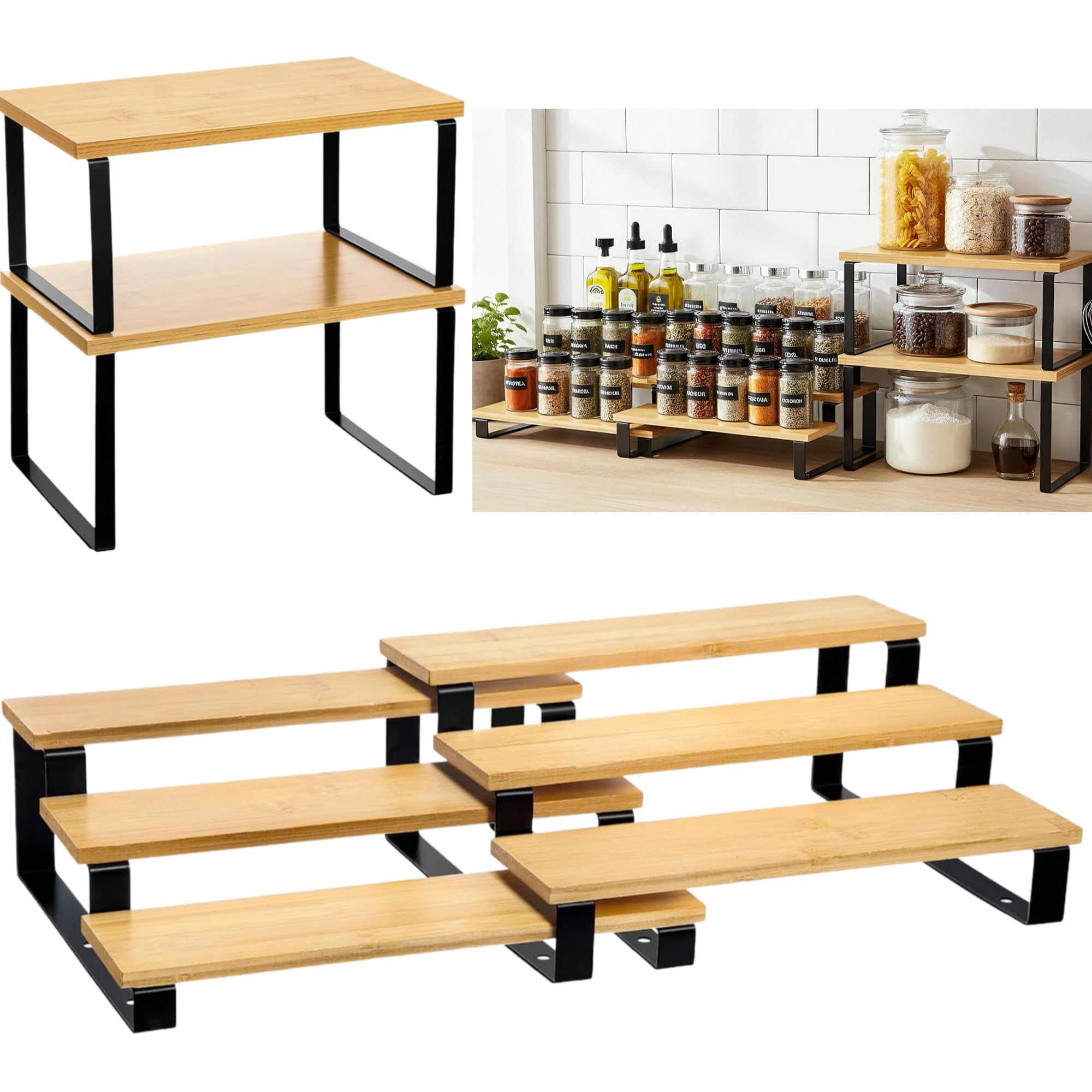 Marsui 4Pc Kitchen Counter Organizer, Stackable Display Risers, Black Stand