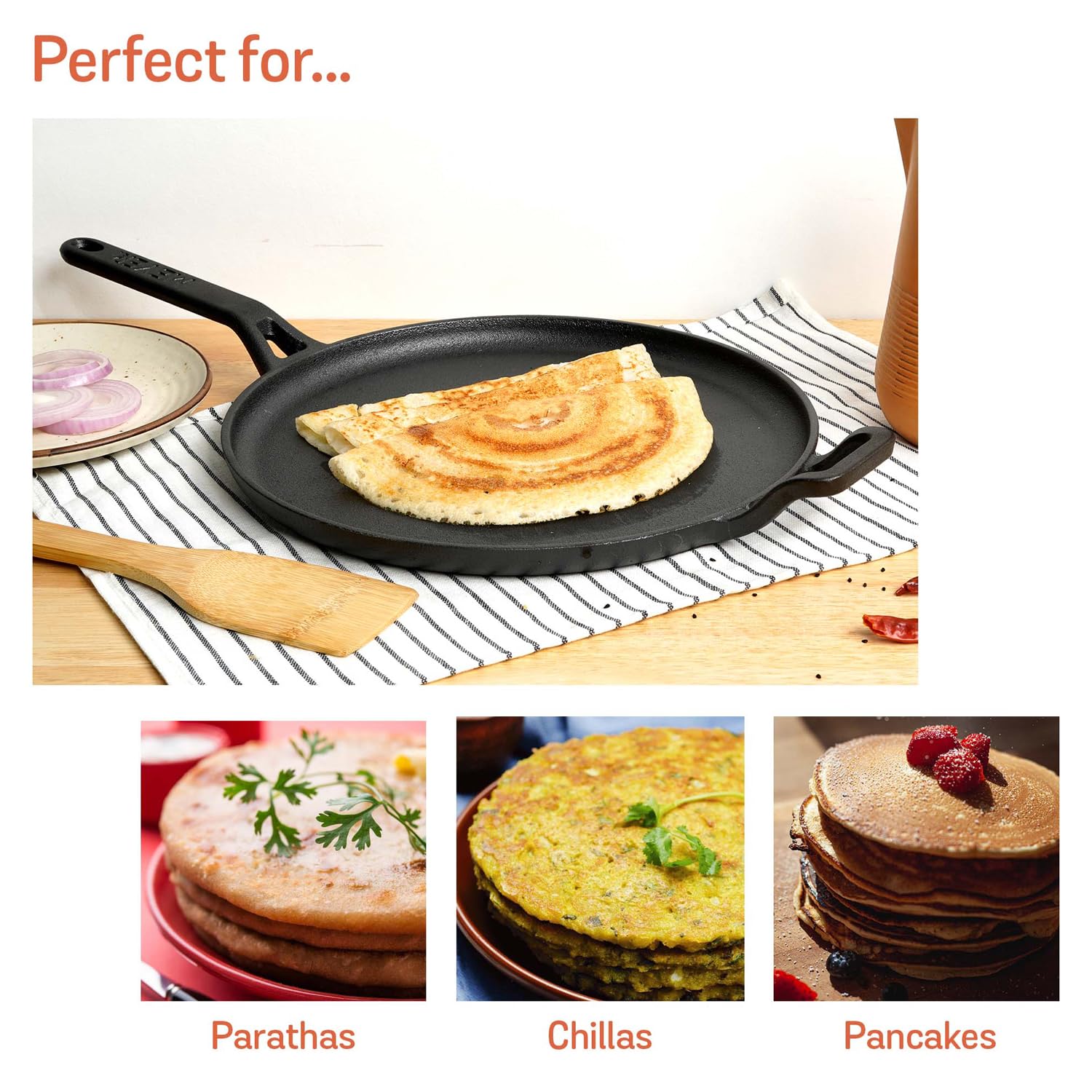 Meyer Pre-Seasoned Cast Iron Flat Dosa/ Roti/ Chapati Tawa Pan with Stick Handle, Dosa Kallu, Iron Tawa Big Size | Pre-Seasoned