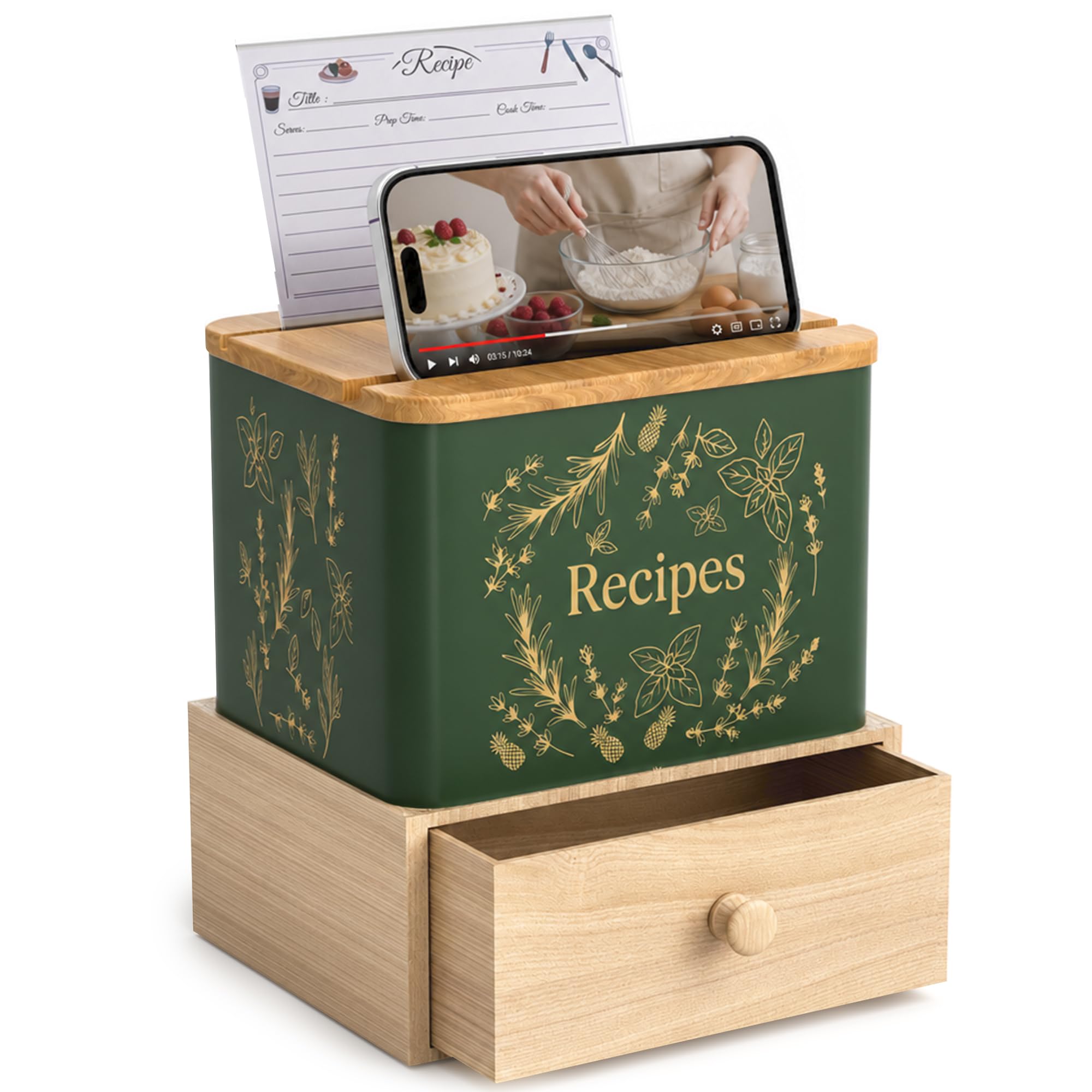 Orionstar Recipe Box Set with Wooden Drawer, Phone Stand, Vintage Green