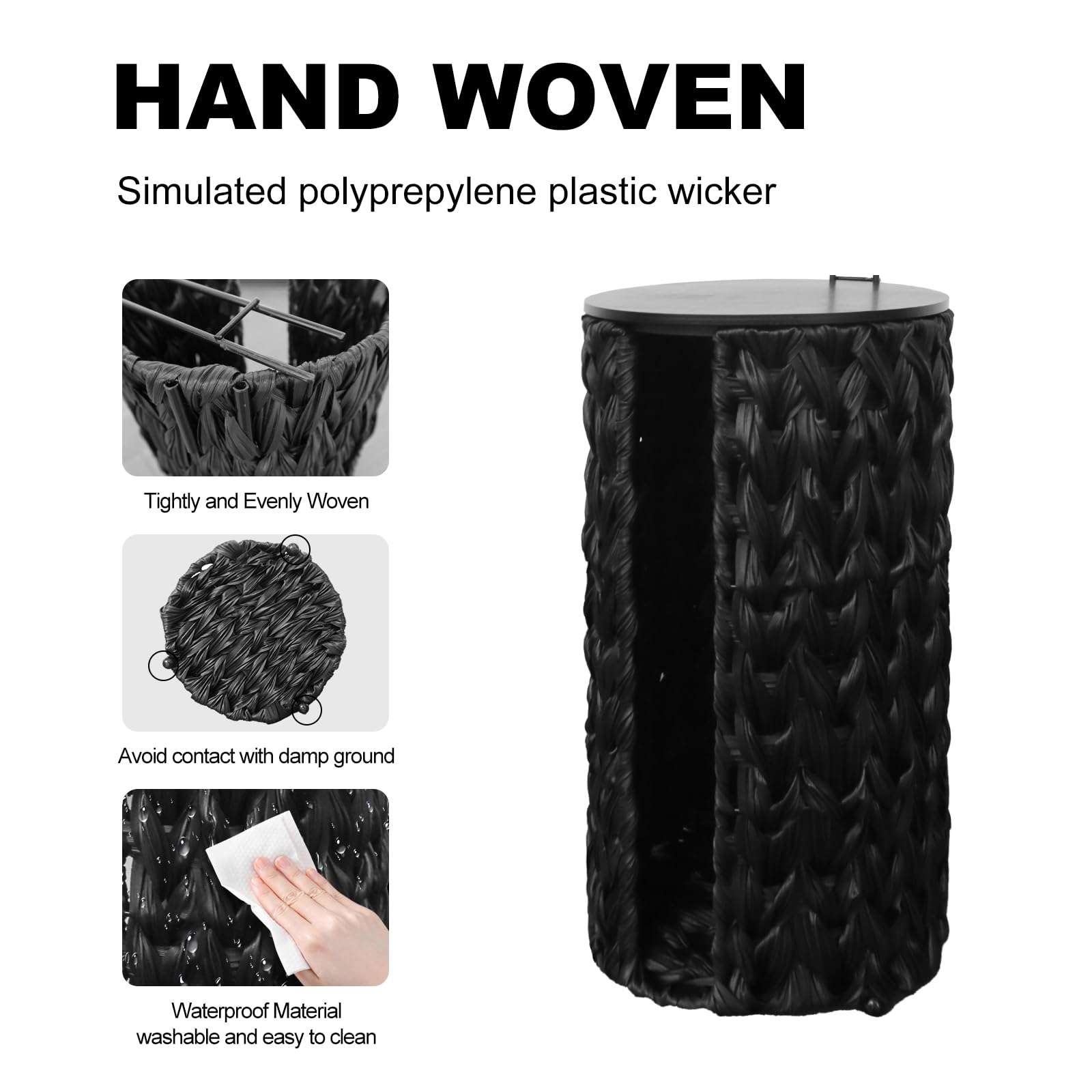 Coeusy Black Toilet Paper Holder Stand With Shelf,Wicker Toilet Paper Storage With Wooden Lid,4 Rolls Of Tissue Holder For Bathr