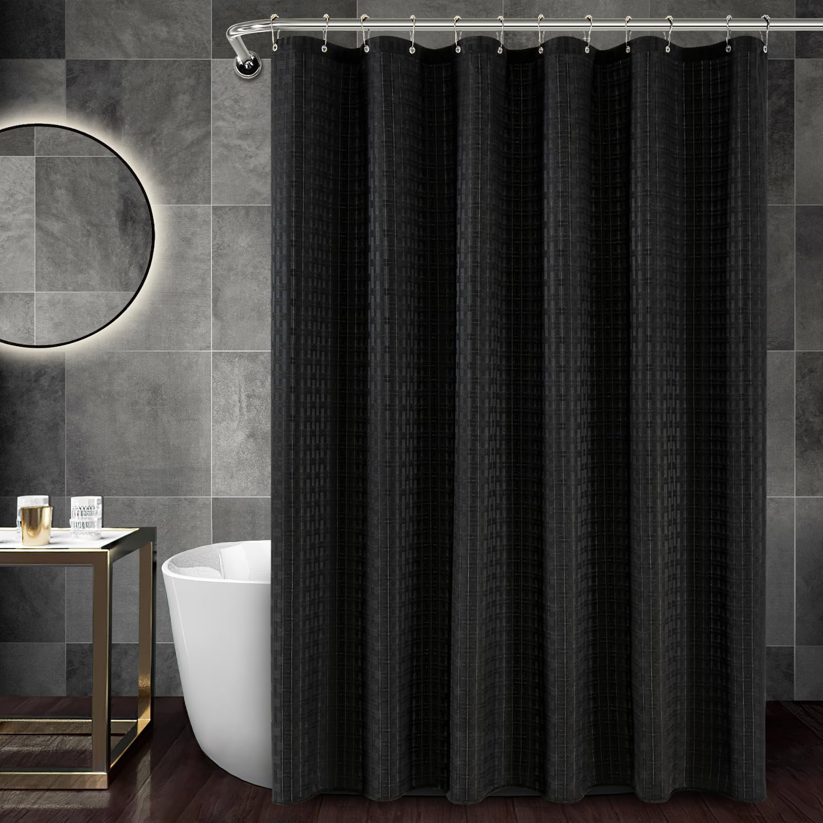 Pangsinne Shower Curtain Black 230Gsm Heavy Duty Weighted Fabric Shower Curtains, Hotel Quality Luxury Polyester Water Repellent