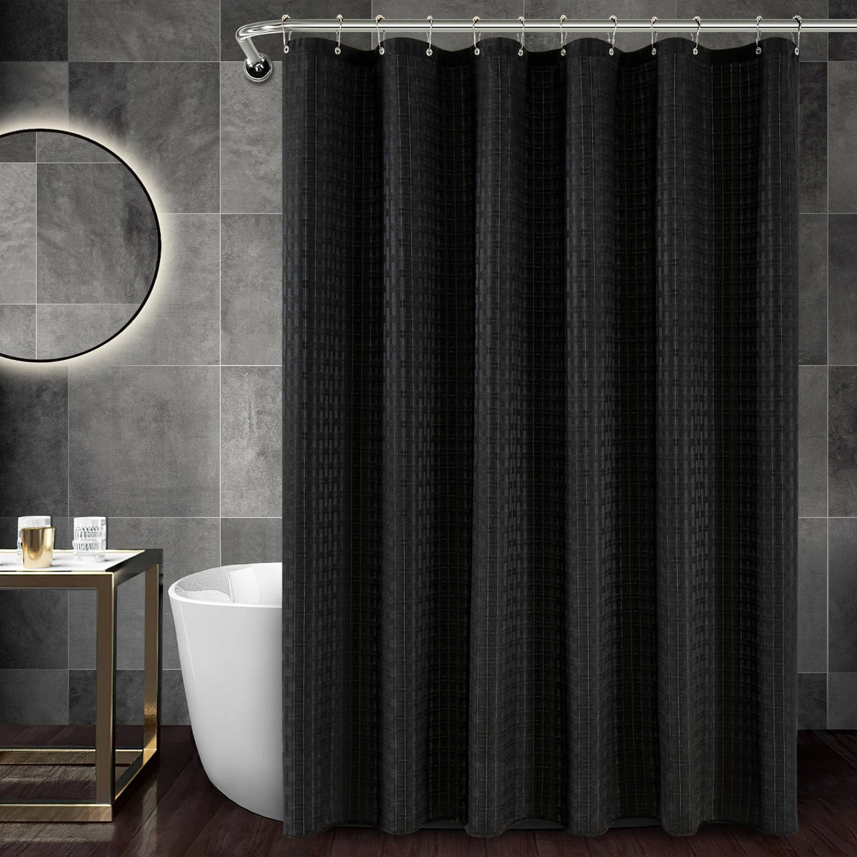Pangsinne Black Fabric Shower Curtain For Bathroom Stall, 60 Inche Shower Curtain, Machine Washable Waterproof 230Gsm Heavy Duty