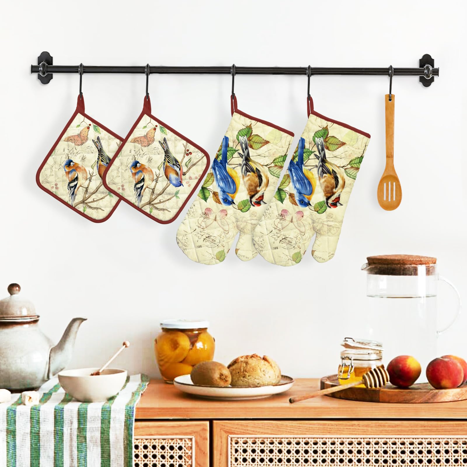 Arquiel Vintage Bird Oven Mitts And Pot Holders Sets 4Pcs, 100% Cotton Heat Resistant, Extra Long Oven Gloves Potholder For Kitc