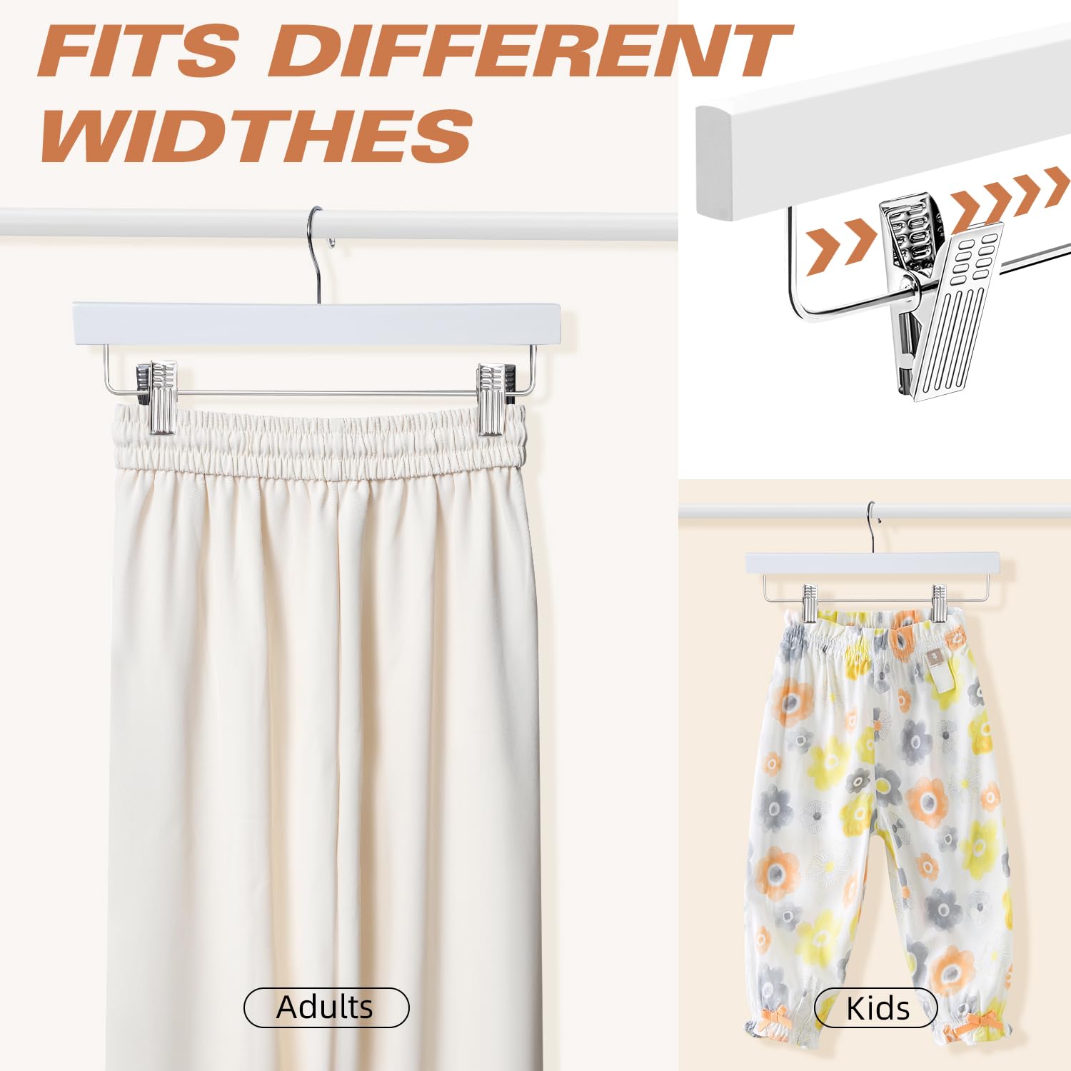 Bagail Wooden Pants Hangers With Adjustable Clips, 360Swivel Hook Space Saving Skirt Holders With Anti-Rust Clips For Trousers,