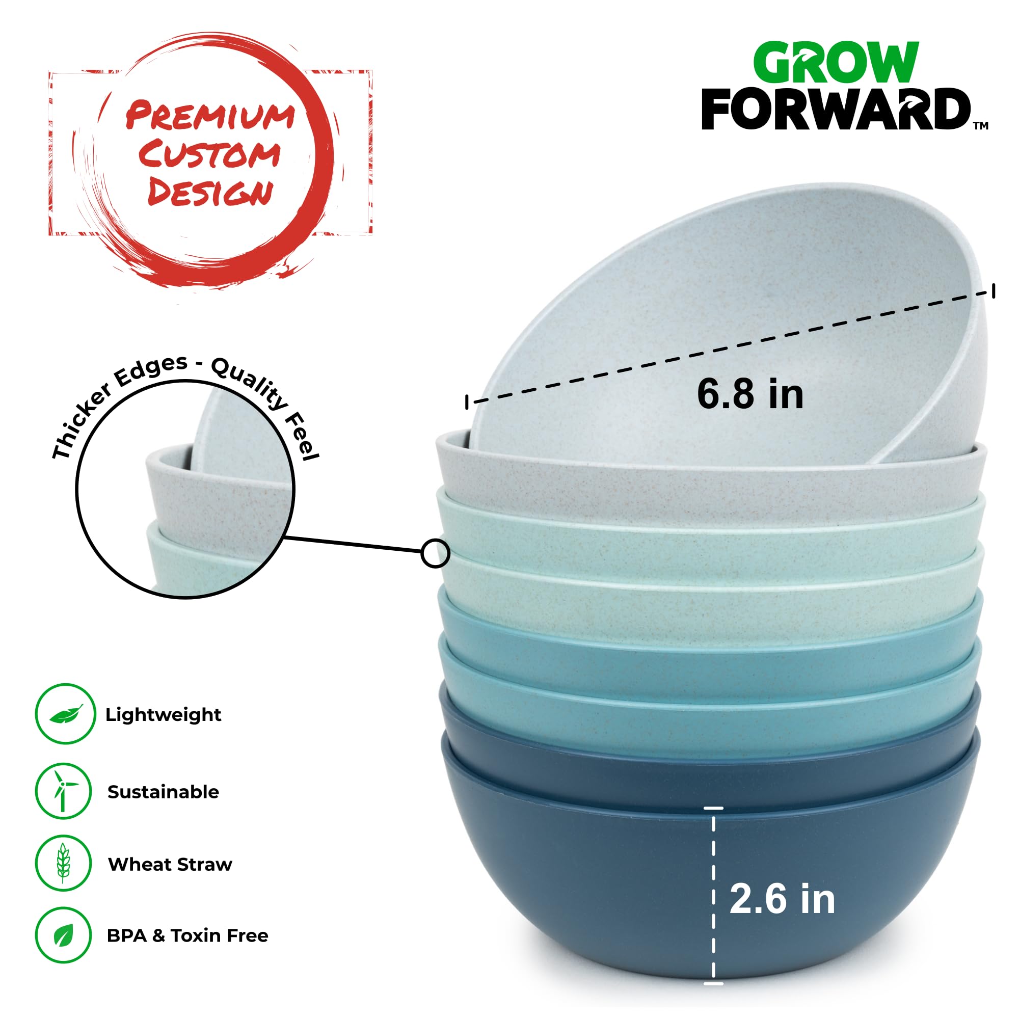 Grow Forward Premium Wheat Straw Bowls Set Of 8 - Reusable 34Oz Hard Plastic Cereal Bowls - Unbreakable Microwave Safe Bowls For