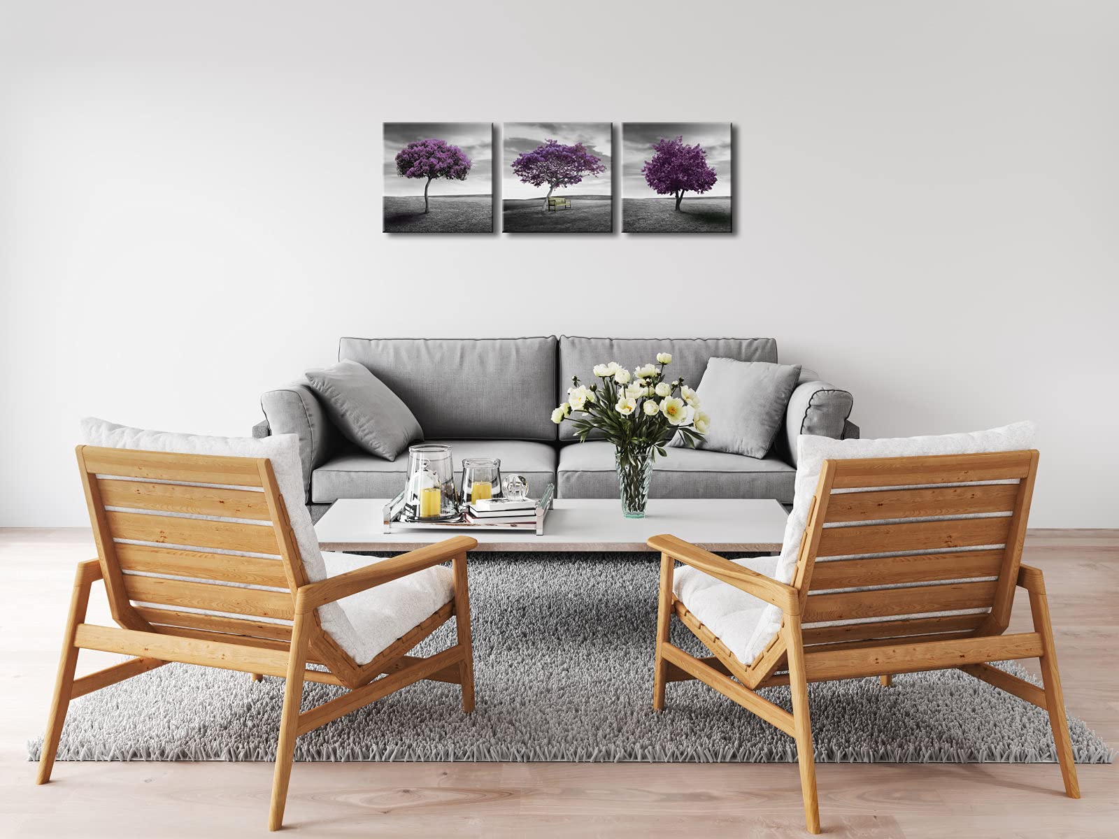 Pyradecor 3 Piece PURPLE TREES CANVAS PRINTS WALL ART Fall Forest Pictures Paintings for Living Room Bedroom Home Office Decorations Modern Stretched and Framed Landscape Giclee Artwork