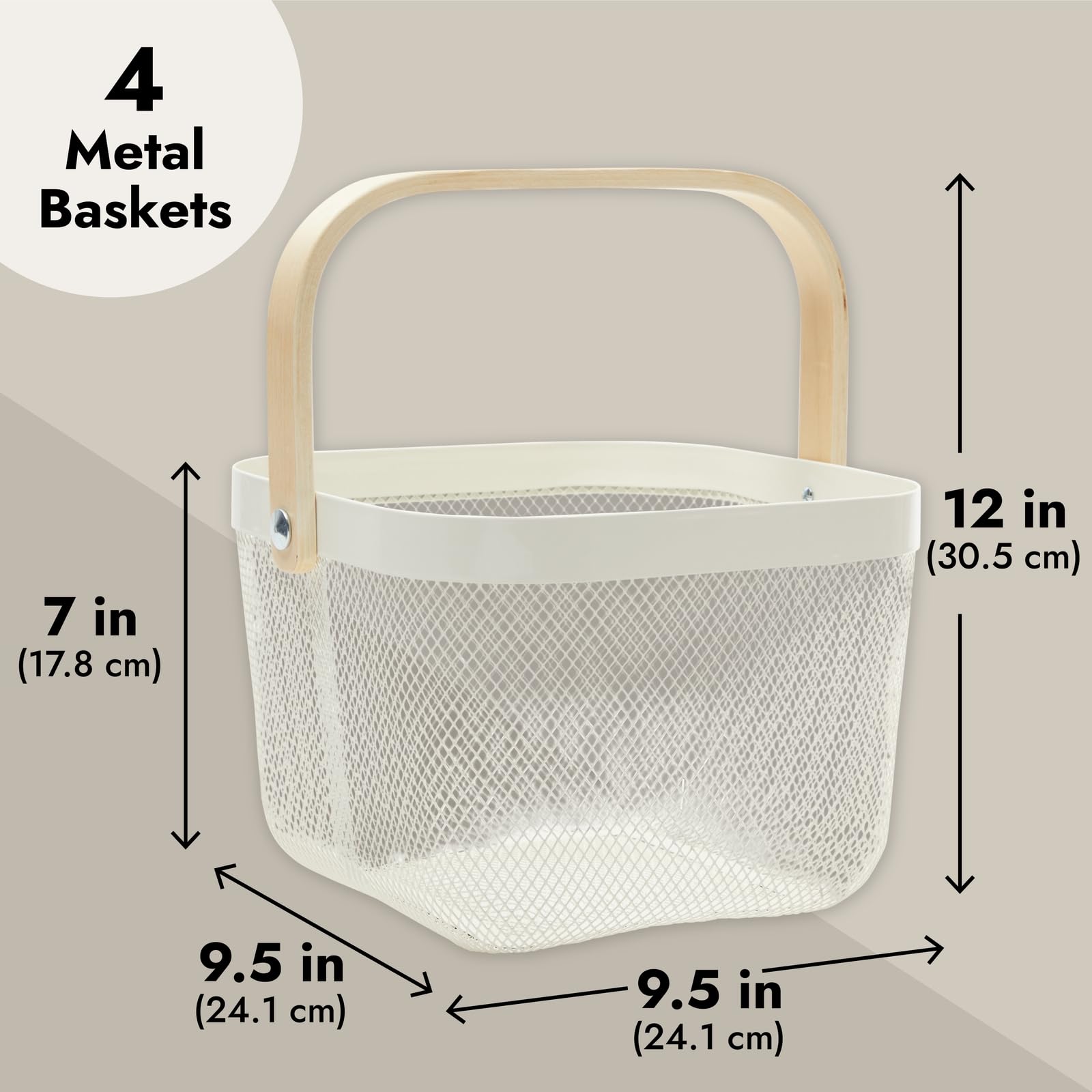Juvale 4 Pack Square Metal Mesh Fruit Basket With Wooden Handle For Kitchen, Pantry Storage And Organization (9.5 X 7 In, White)