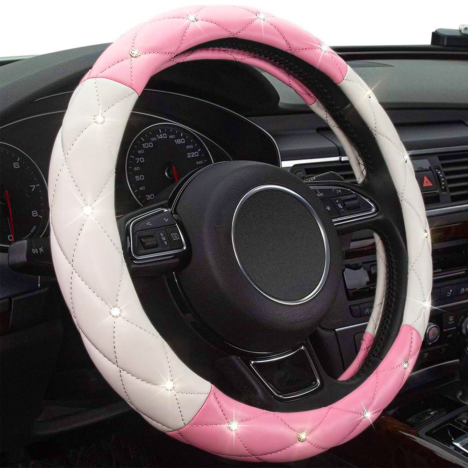 Xizopucy White Pink Steering Wheel Cover, Anti-Slip Steering Wheel Protector With Crystal Rhinestones Microfiber Leather, Steeri