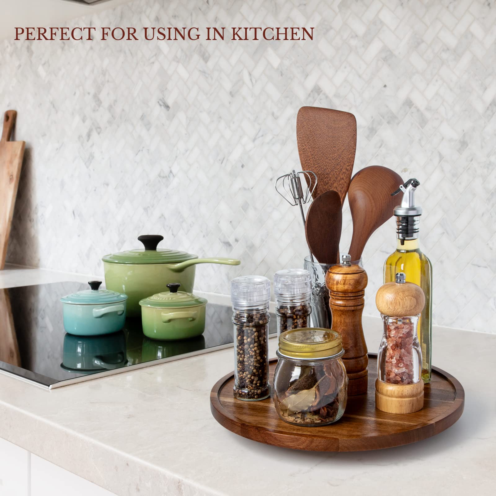 Anboxit Lazy Susan Organizer For Table, 12 Inch Wooden Lazy Susan Turntable For Cabinet, Acacia Wood Turntable Kitchen Spice Rac