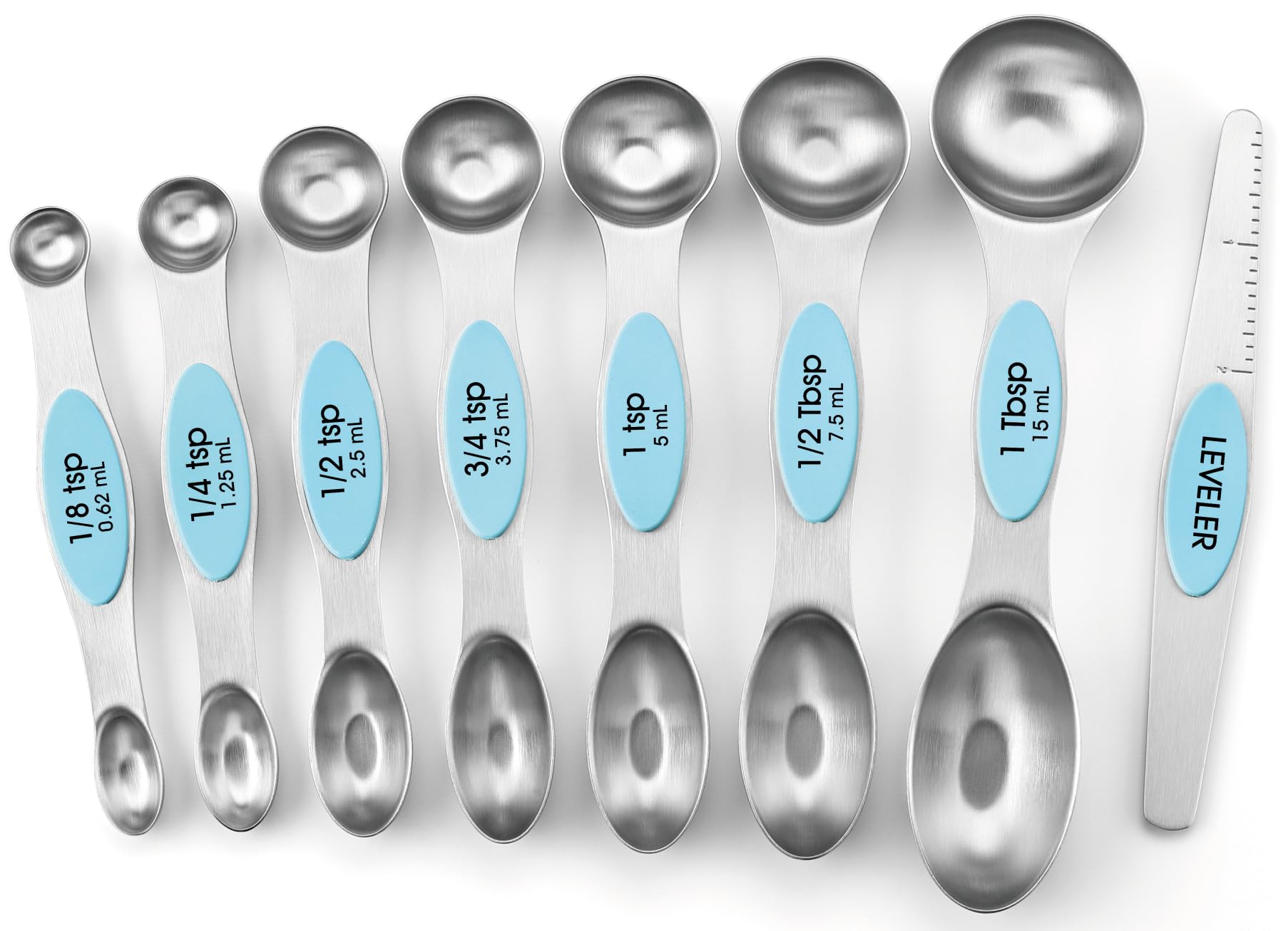 Spring Chef Magnetic Measuring Spoons Set, Dual Sided, Stainless Steel, Fits In Spice Jars, Blue - Aqua Sky, Set Of 8