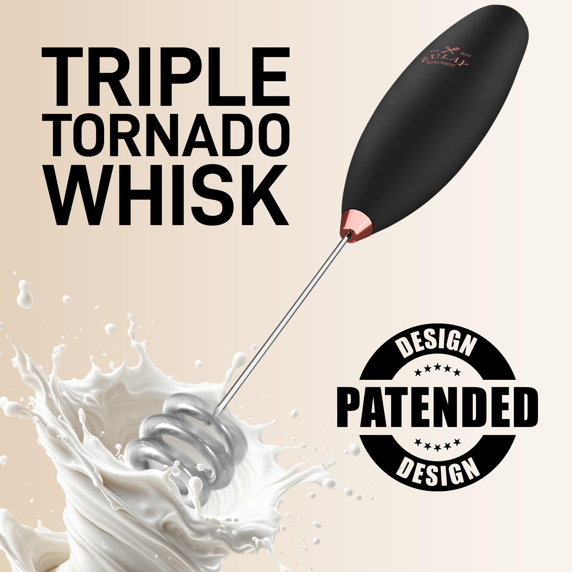 Zulay Kitchen Patented Tornado Triple Whisk Milk Frother with 4 Duracell Batteries - Handheld Foam Maker for Coffee, Lattes, Mat