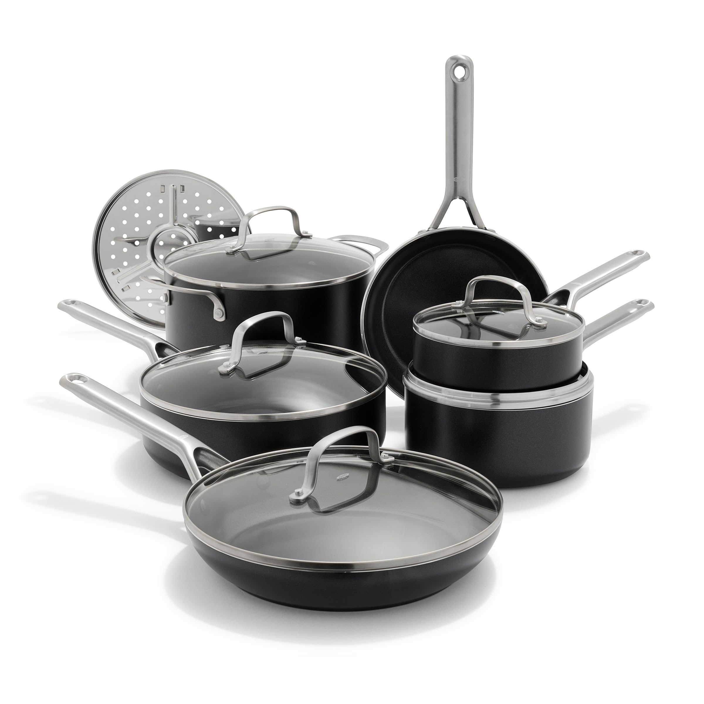 OXO Agility Series 12 Piece Cookware Pots and Pans Set, Ceramic Nonstick PFAS-Free, Induction, Skillets,Saucepans,Lids,Even Heat