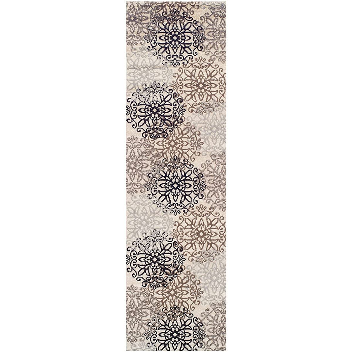 8 Tan Gray and Black Floral Medallion Stain Resistant Runner Rug | Floor Mat for Home Décor | Bedroom & Living Room Area Rug-Like New Condition